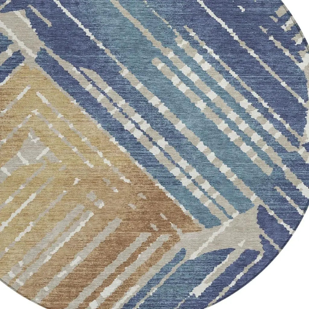 8' Navy Blue And Black Round Geometric Washable Indoor Outdoor Area Rug Homeroots Outdoor