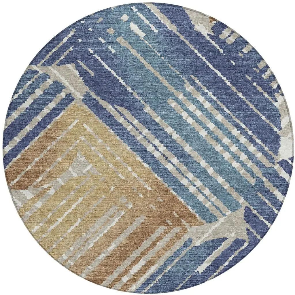 8' Navy Blue And Black Round Geometric Washable Indoor Outdoor Area Rug Homeroots Outdoor