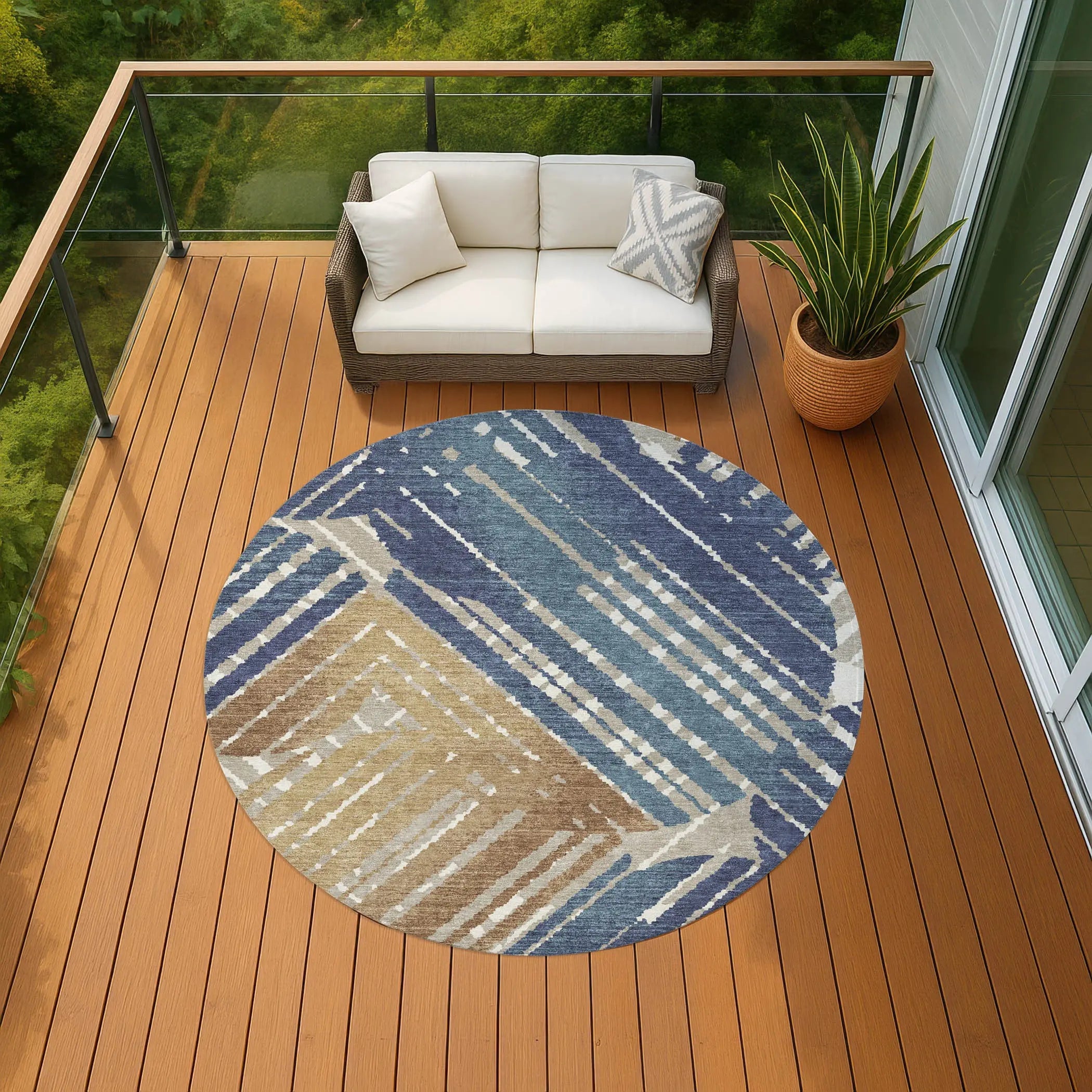 8' Navy Blue And Black Round Geometric Washable Indoor Outdoor Area Rug Homeroots Outdoor
