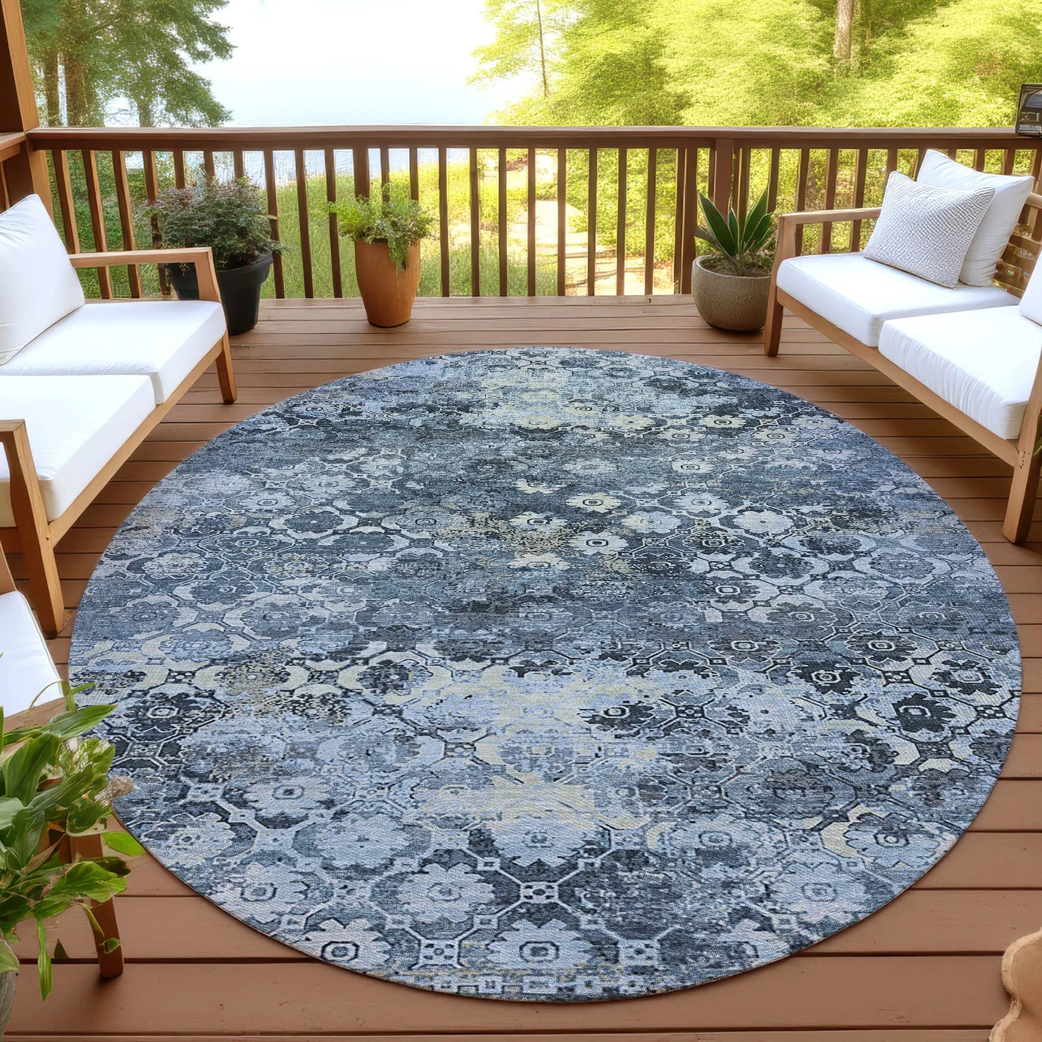 8' Navy Blue And Blue Round Abstract Washable Indoor Outdoor Area Rug Homeroots Outdoor