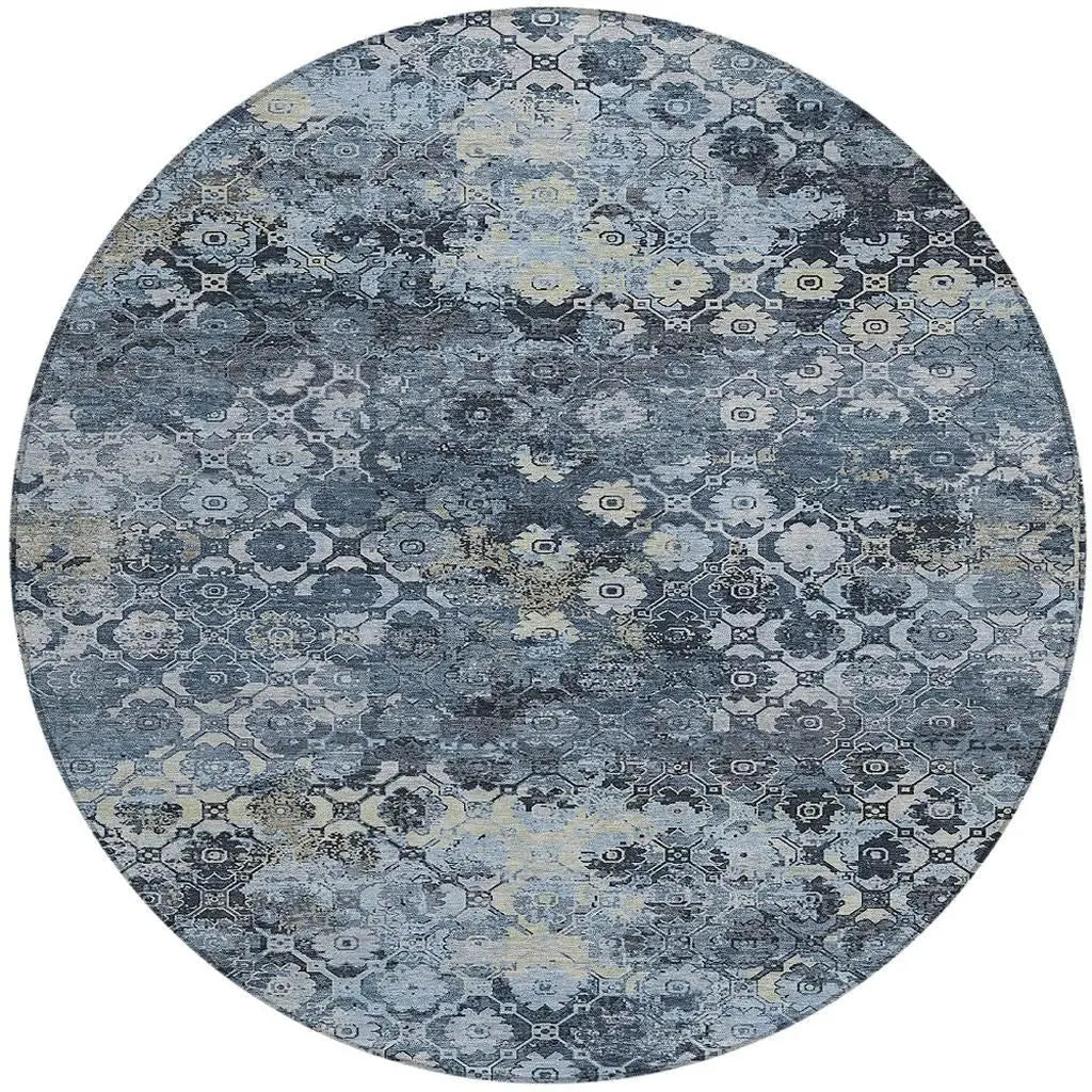 8' Navy Blue And Blue Round Abstract Washable Indoor Outdoor Area Rug Homeroots Outdoor