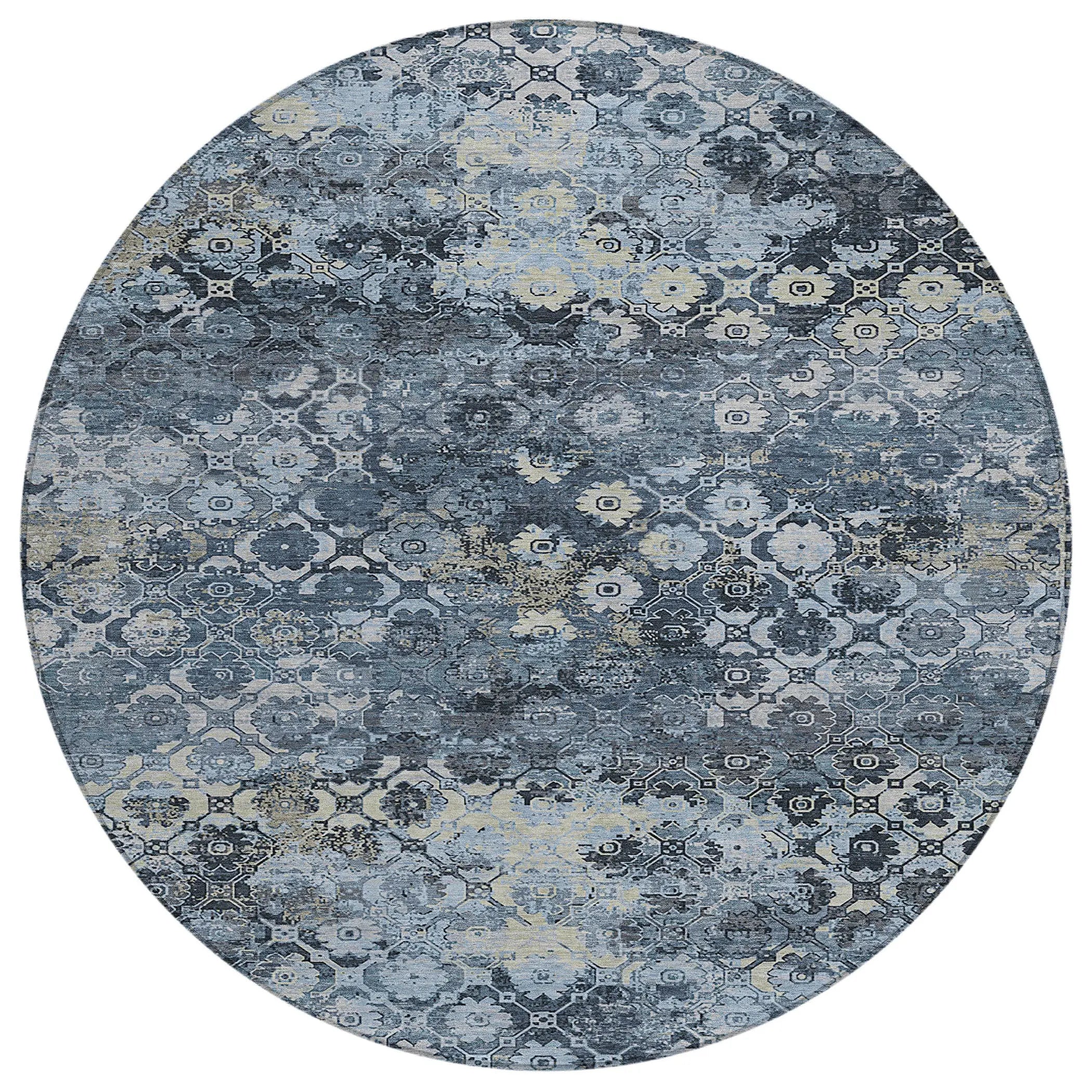 8' Navy Blue And Blue Round Abstract Washable Indoor Outdoor Area Rug Homeroots Outdoor