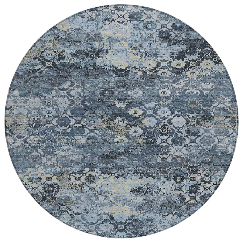 8' Navy Blue And Blue Round Abstract Washable Indoor Outdoor Area Rug Homeroots Outdoor