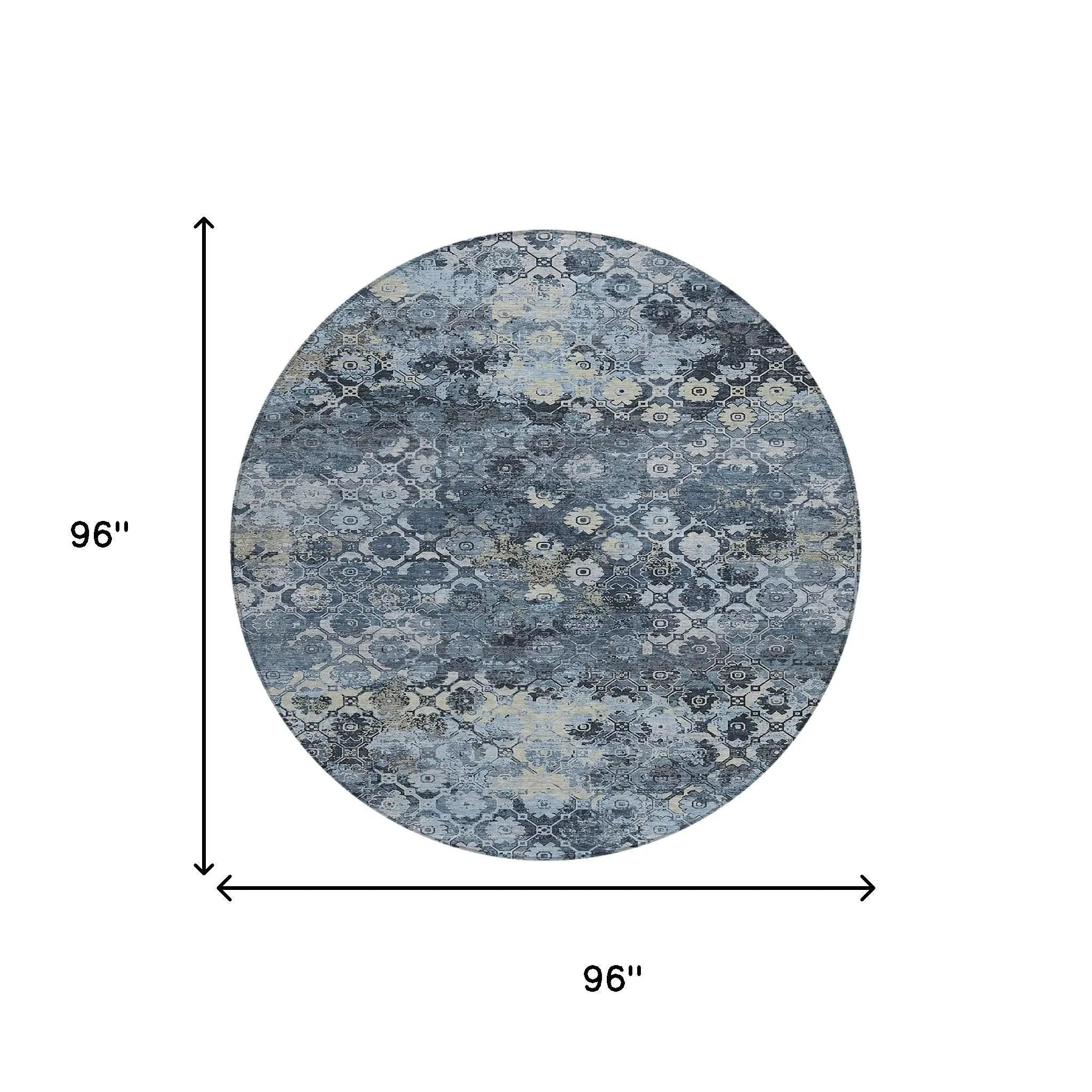 8' Navy Blue And Blue Round Abstract Washable Indoor Outdoor Area Rug Homeroots Outdoor