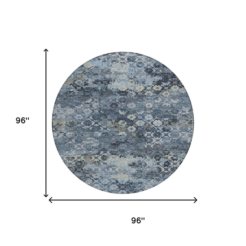 8' Navy Blue And Blue Round Abstract Washable Indoor Outdoor Area Rug Homeroots Outdoor