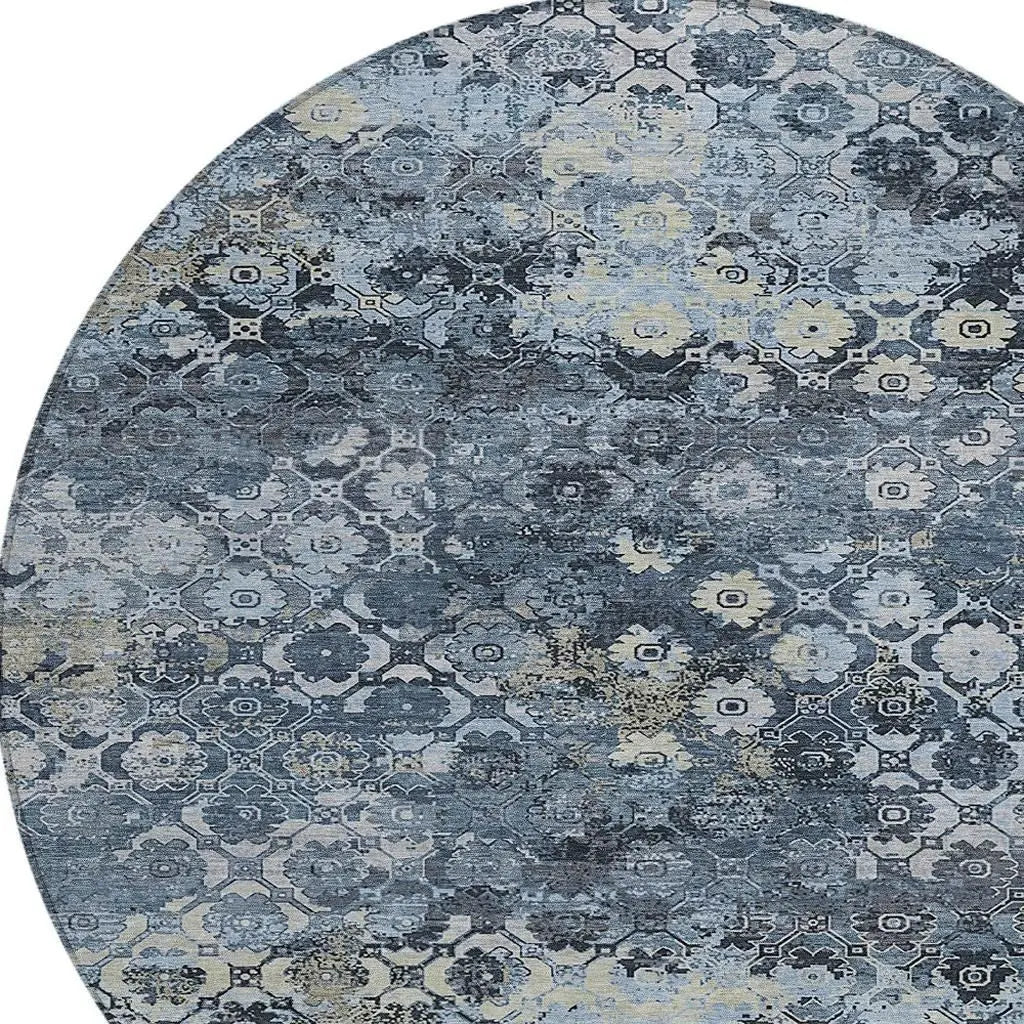 8' Navy Blue And Blue Round Abstract Washable Indoor Outdoor Area Rug Homeroots Outdoor