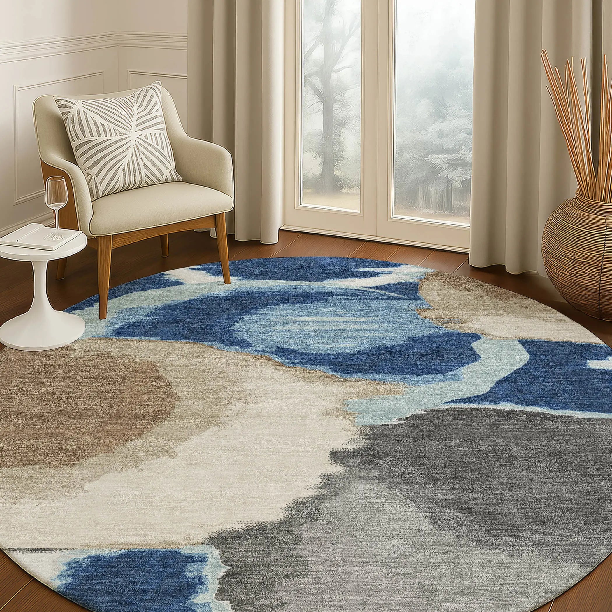 8' Navy Blue And Blue Round Abstract Washable Indoor Outdoor Area Rug Homeroots Outdoor