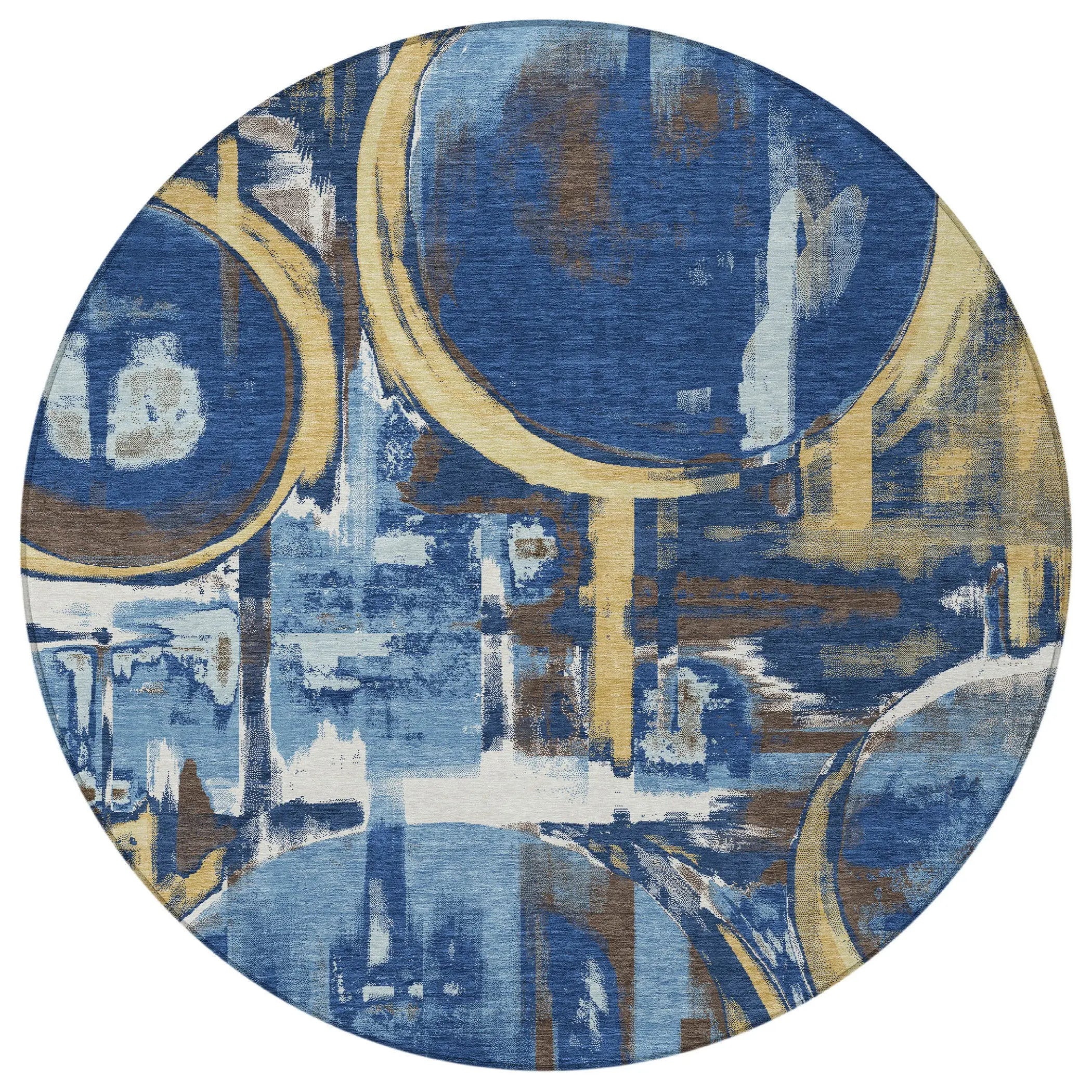 8' Navy Blue And Blue Round Abstract Washable Indoor Outdoor Area Rug Homeroots Outdoor