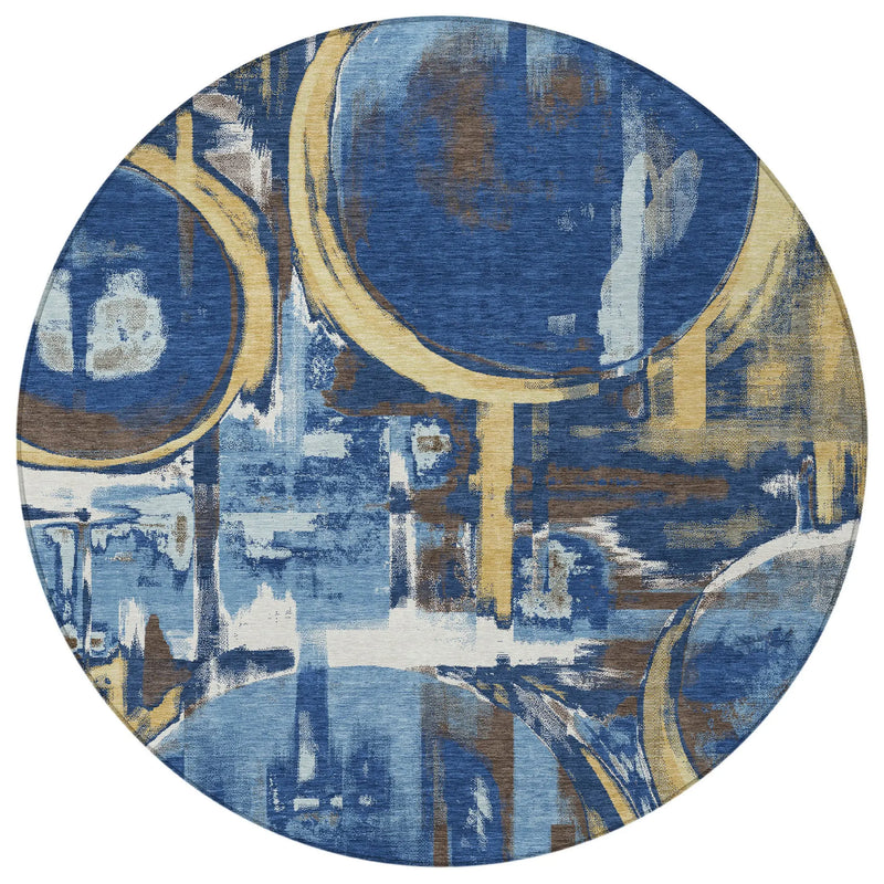 8' Navy Blue And Blue Round Abstract Washable Indoor Outdoor Area Rug Homeroots Outdoor