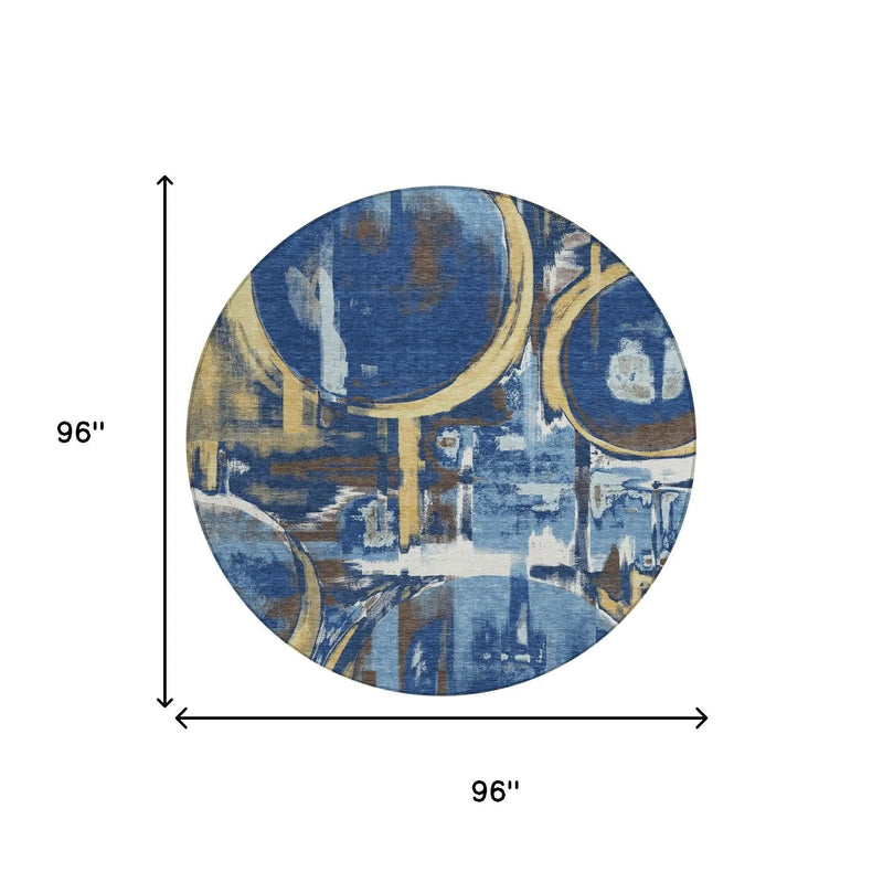 8' Navy Blue And Blue Round Abstract Washable Indoor Outdoor Area Rug Homeroots Outdoor