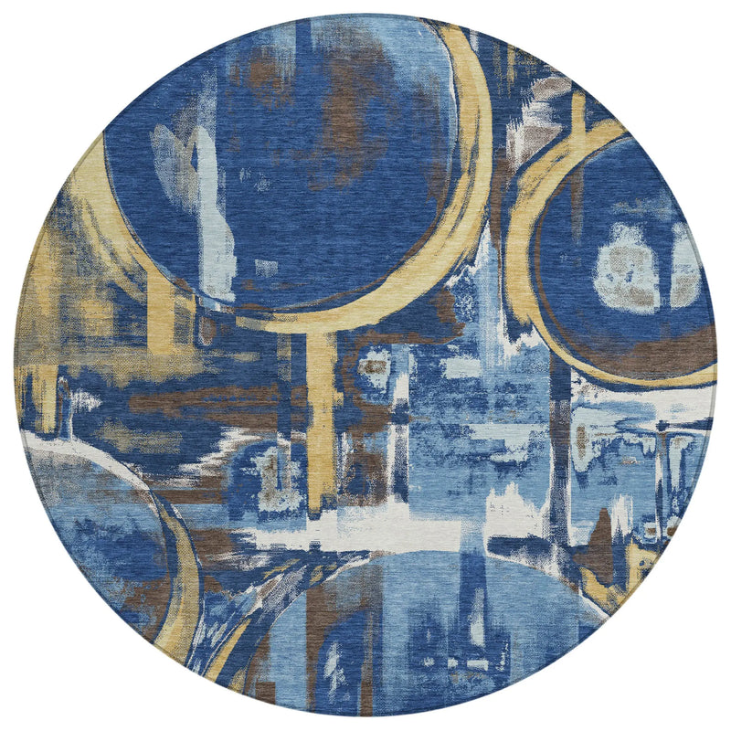 8' Navy Blue And Blue Round Abstract Washable Indoor Outdoor Area Rug Homeroots Outdoor