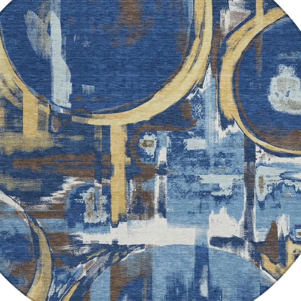 8' Navy Blue And Blue Round Abstract Washable Indoor Outdoor Area Rug Homeroots Outdoor