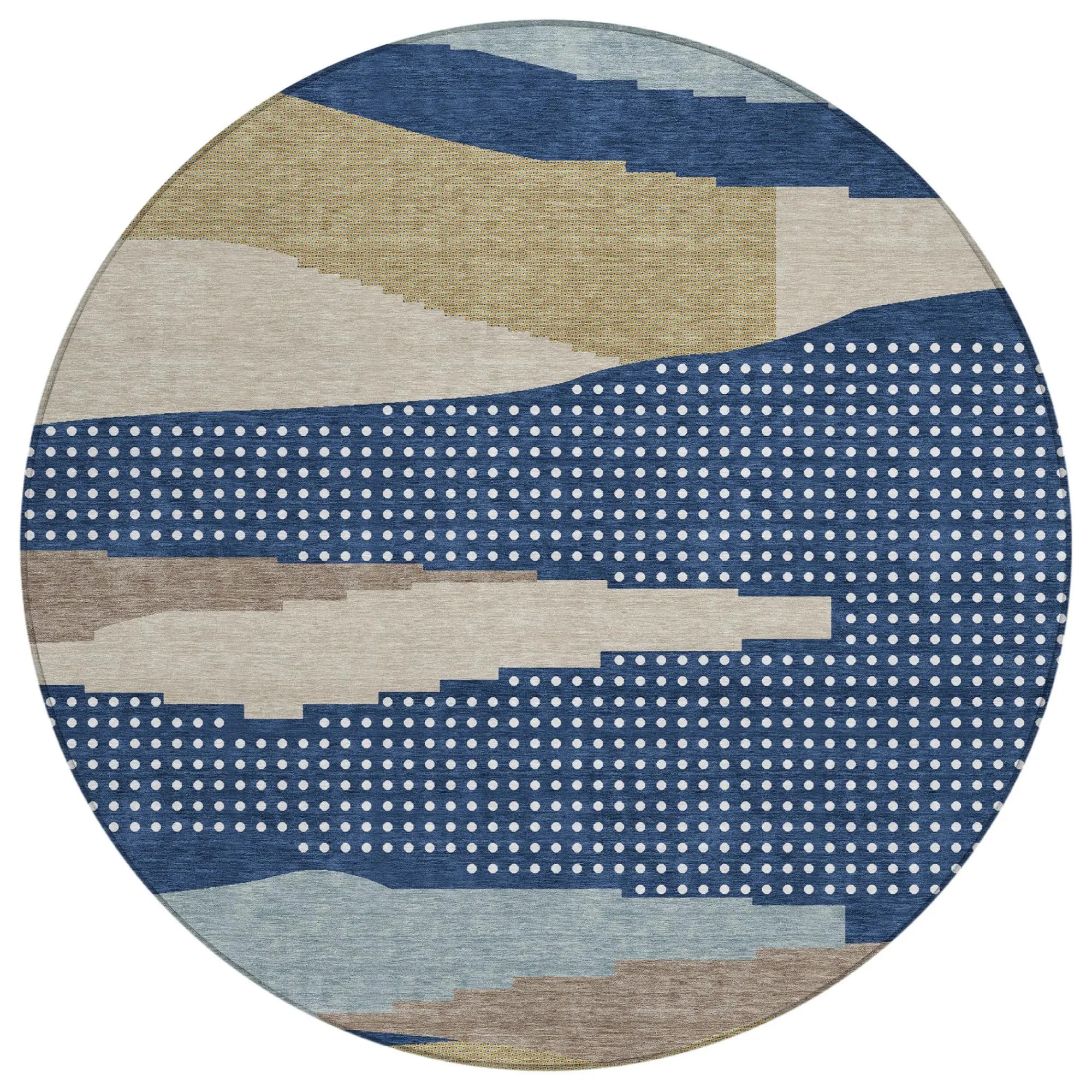 8' Navy Blue And Blue Round Abstract Washable Indoor Outdoor Area Rug Homeroots Outdoor