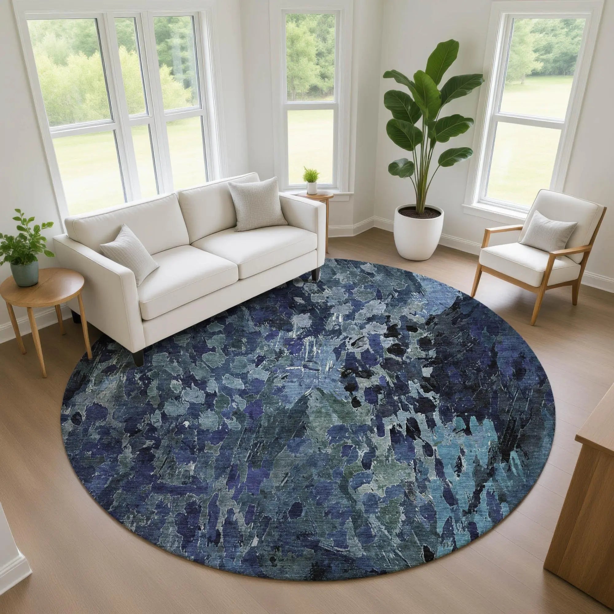 8' Navy Blue And Blue Round Abstract Washable Indoor Outdoor Area Rug Homeroots Outdoor