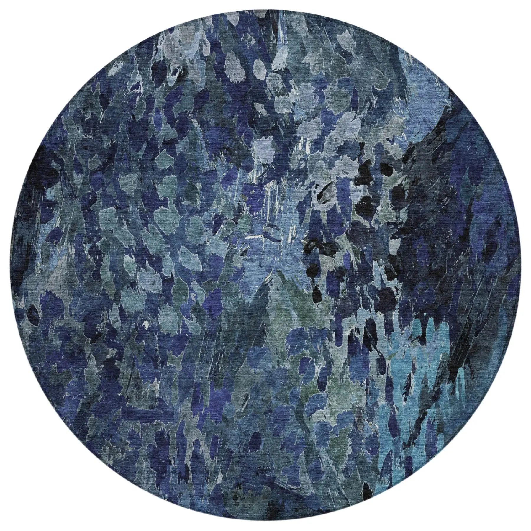 8' Navy Blue And Blue Round Abstract Washable Indoor Outdoor Area Rug Homeroots Outdoor