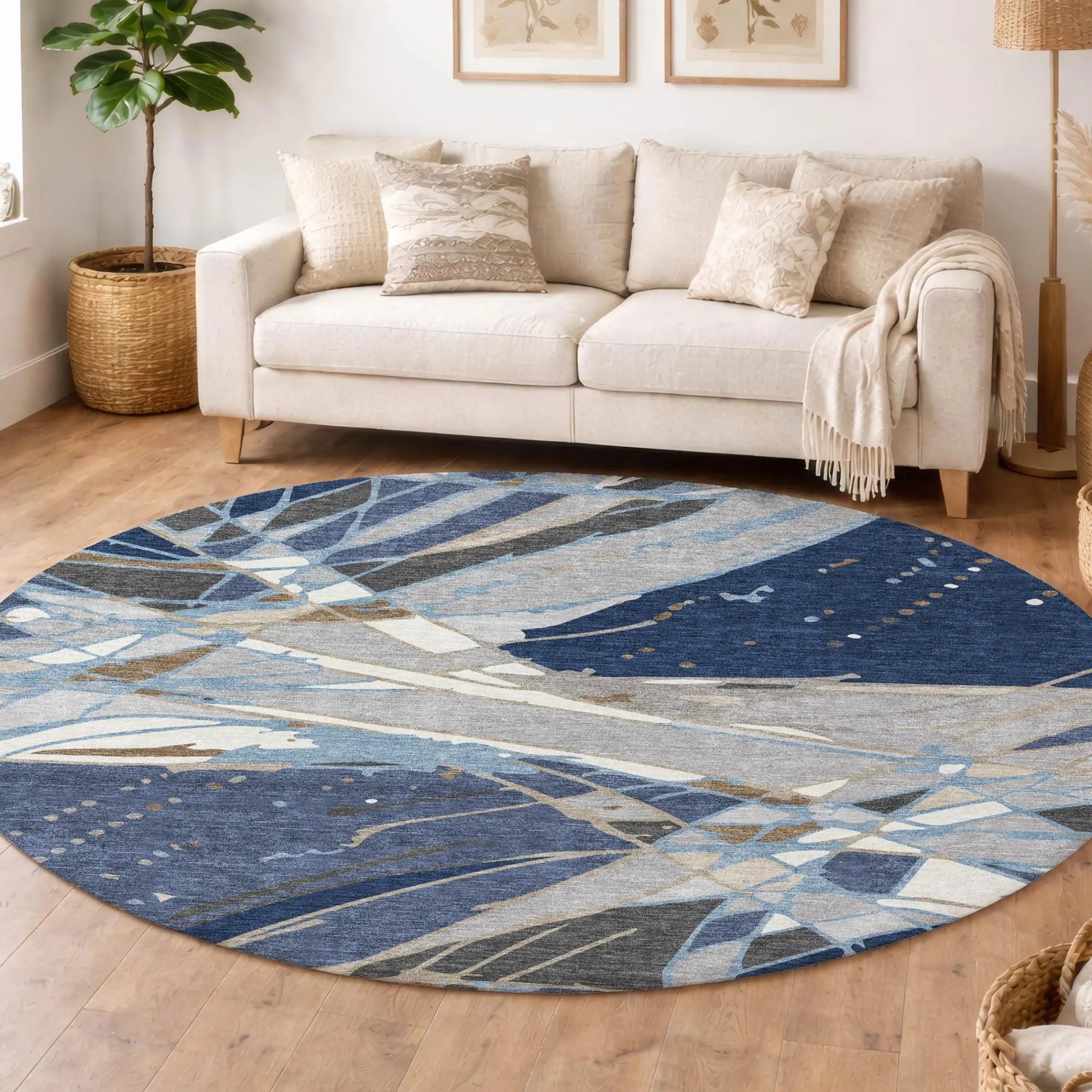 8' Navy Blue And Blue Round Abstract Washable Indoor Outdoor Area Rug Homeroots Outdoor