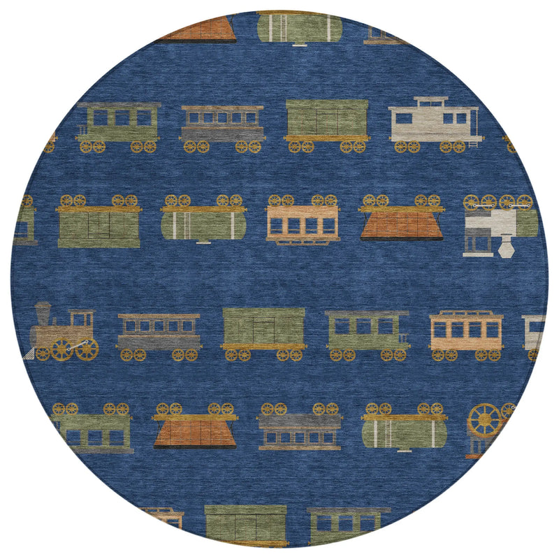 8' Navy Blue And Blue Round Abstract Washable Indoor Outdoor Area Rug Homeroots Outdoor