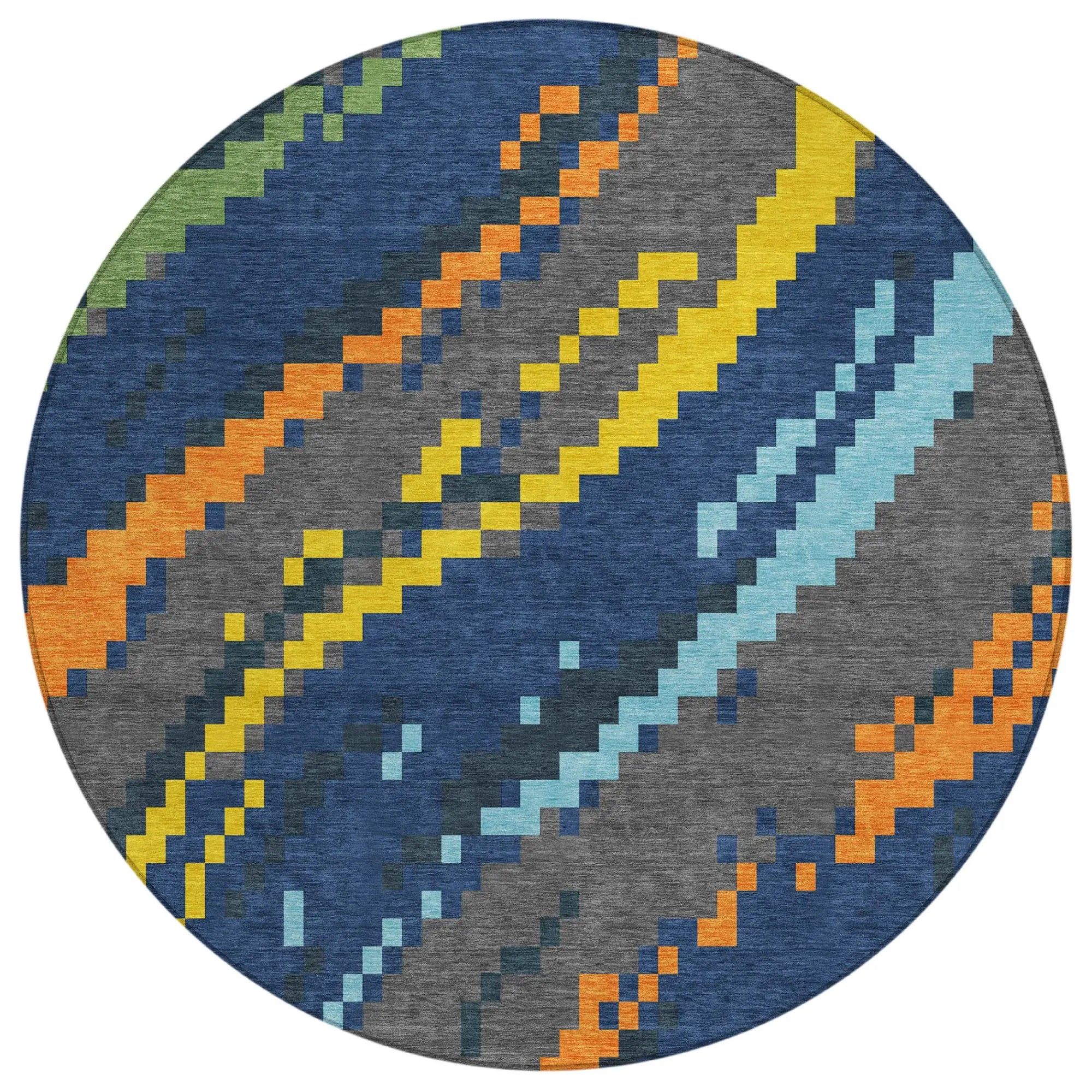 8' Navy Blue And Blue Round Abstract Washable Indoor Outdoor Area Rug Homeroots Outdoor