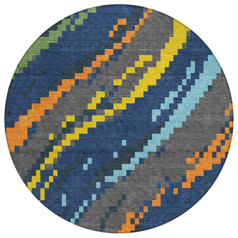8' Navy Blue And Blue Round Abstract Washable Indoor Outdoor Area Rug Homeroots Outdoor