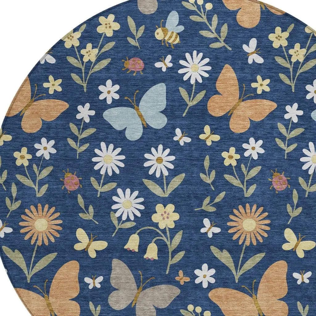8' Navy Blue And Blue Round Abstract Washable Indoor Outdoor Area Rug Homeroots Outdoor