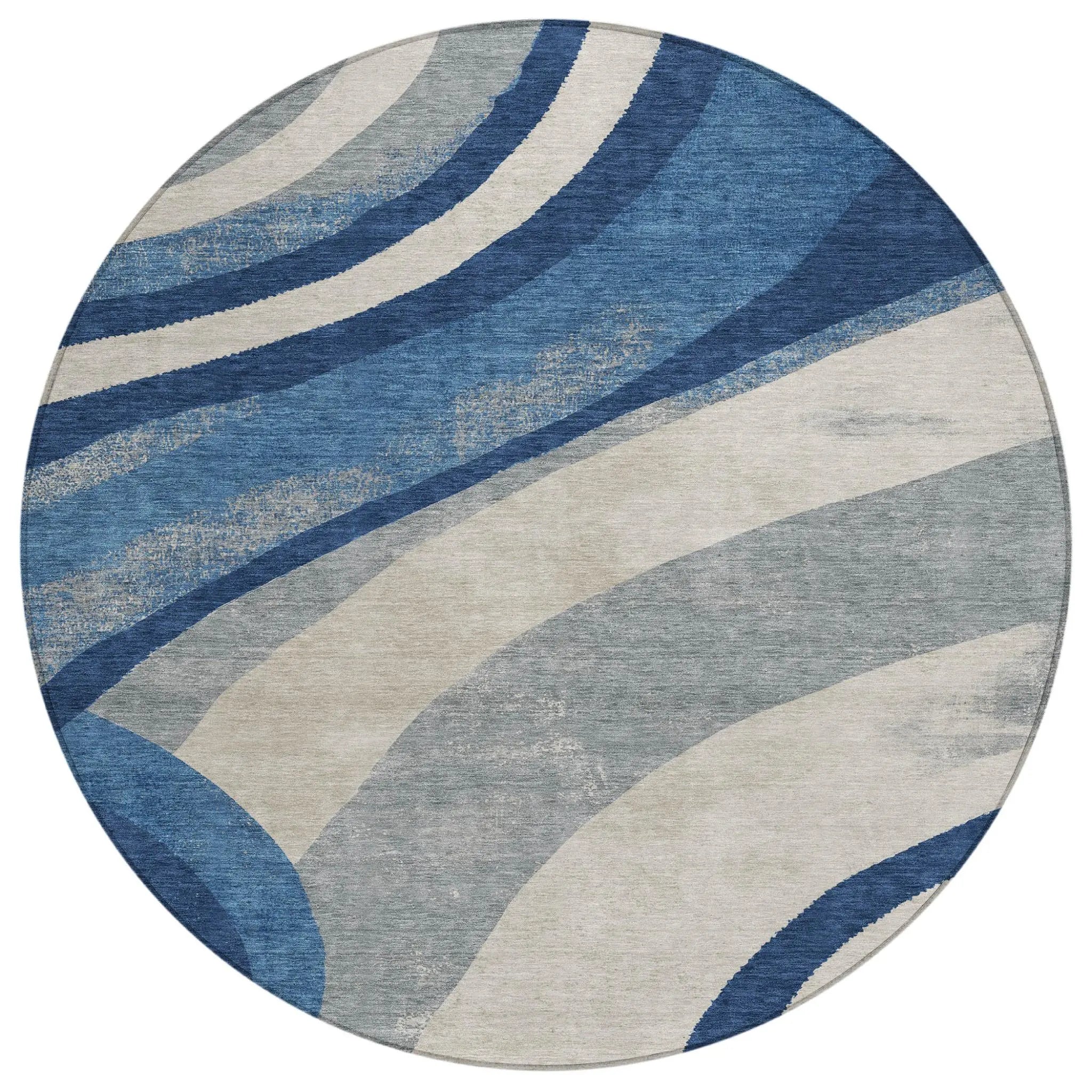 8' Navy Blue And Blue Round Abstract Washable Indoor Outdoor Area Rug Homeroots Outdoor