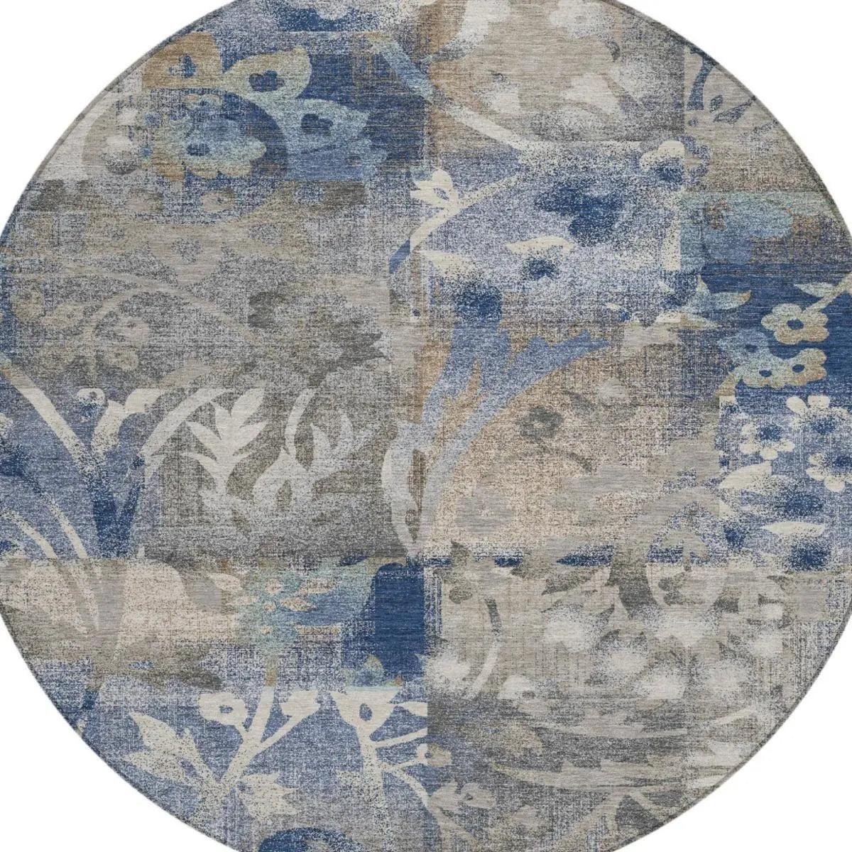 8' Navy Blue And Blue Round Botanical Leaves Washable Indoor Outdoor Area Rug Homeroots Outdoor