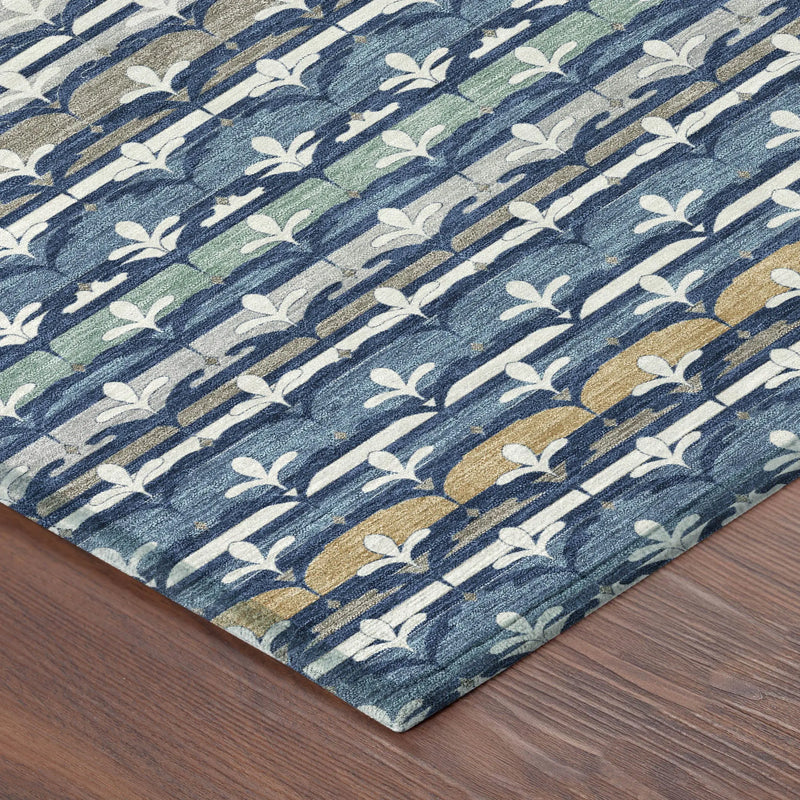8' Navy Blue And Blue Round Damask Washable Indoor Outdoor Area Rug Homeroots Outdoor