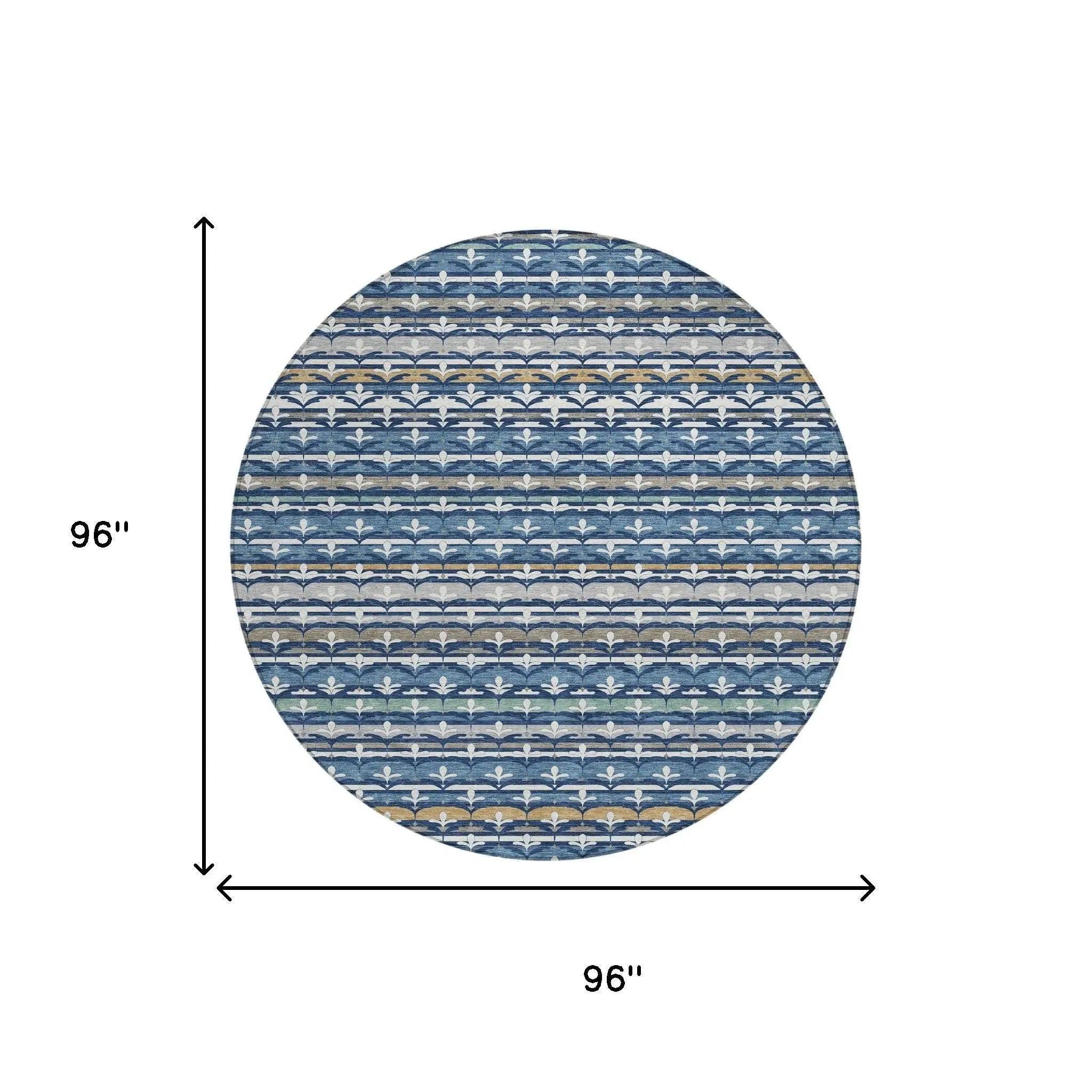 8' Navy Blue And Blue Round Damask Washable Indoor Outdoor Area Rug Homeroots Outdoor
