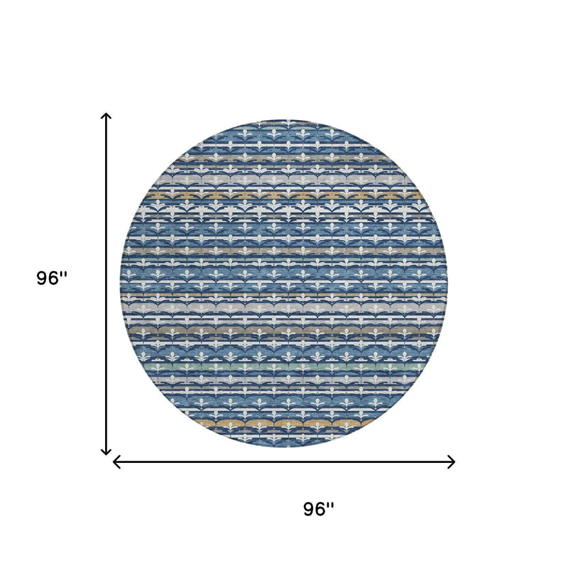 8' Navy Blue And Blue Round Damask Washable Indoor Outdoor Area Rug Homeroots Outdoor