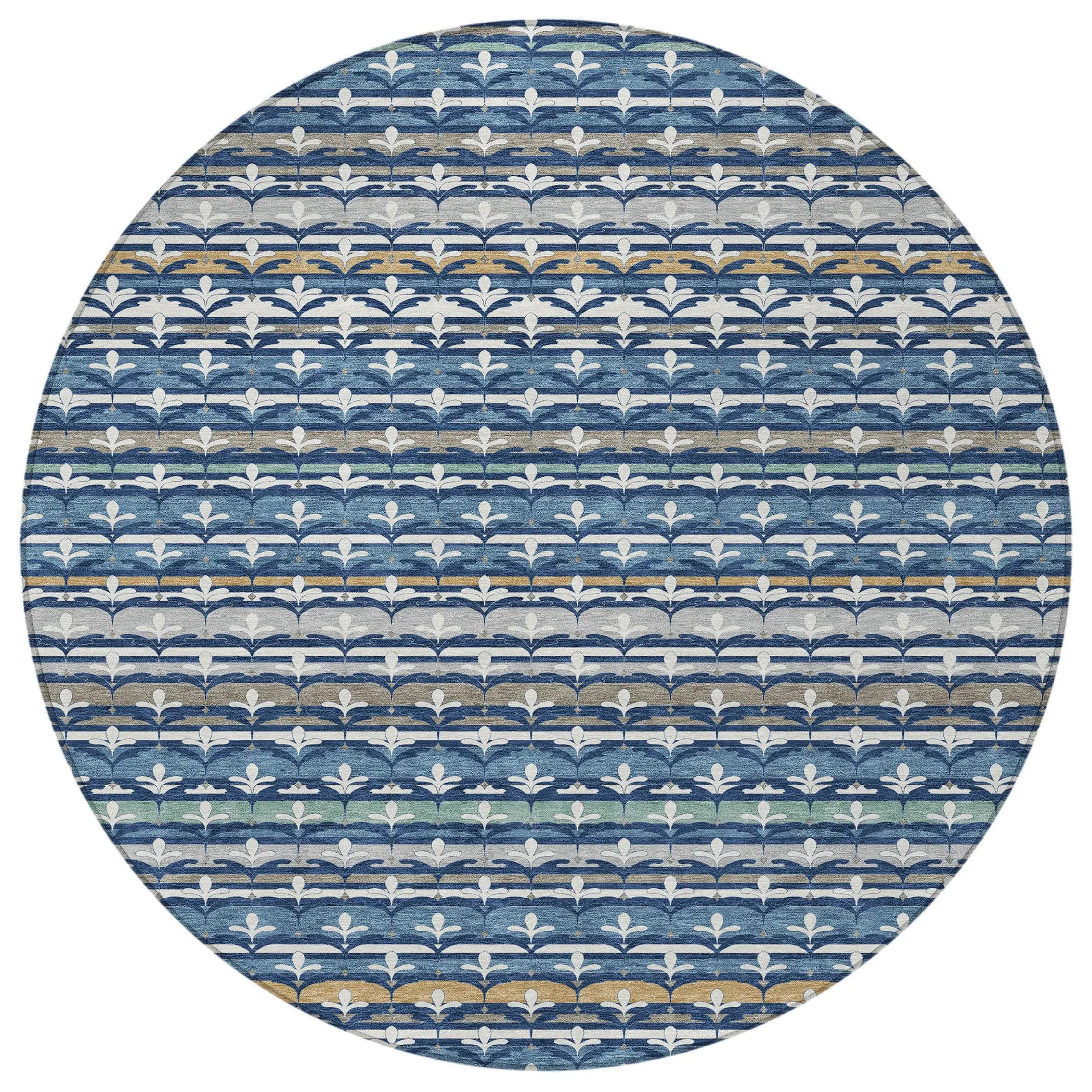 8' Navy Blue And Blue Round Damask Washable Indoor Outdoor Area Rug Homeroots Outdoor