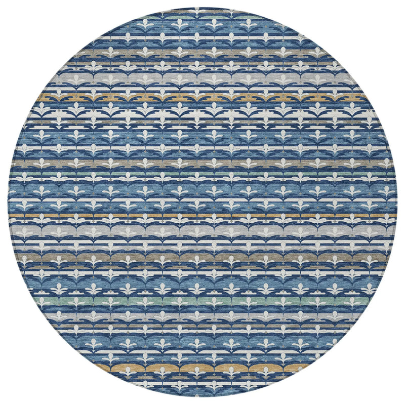 8' Navy Blue And Blue Round Damask Washable Indoor Outdoor Area Rug Homeroots Outdoor