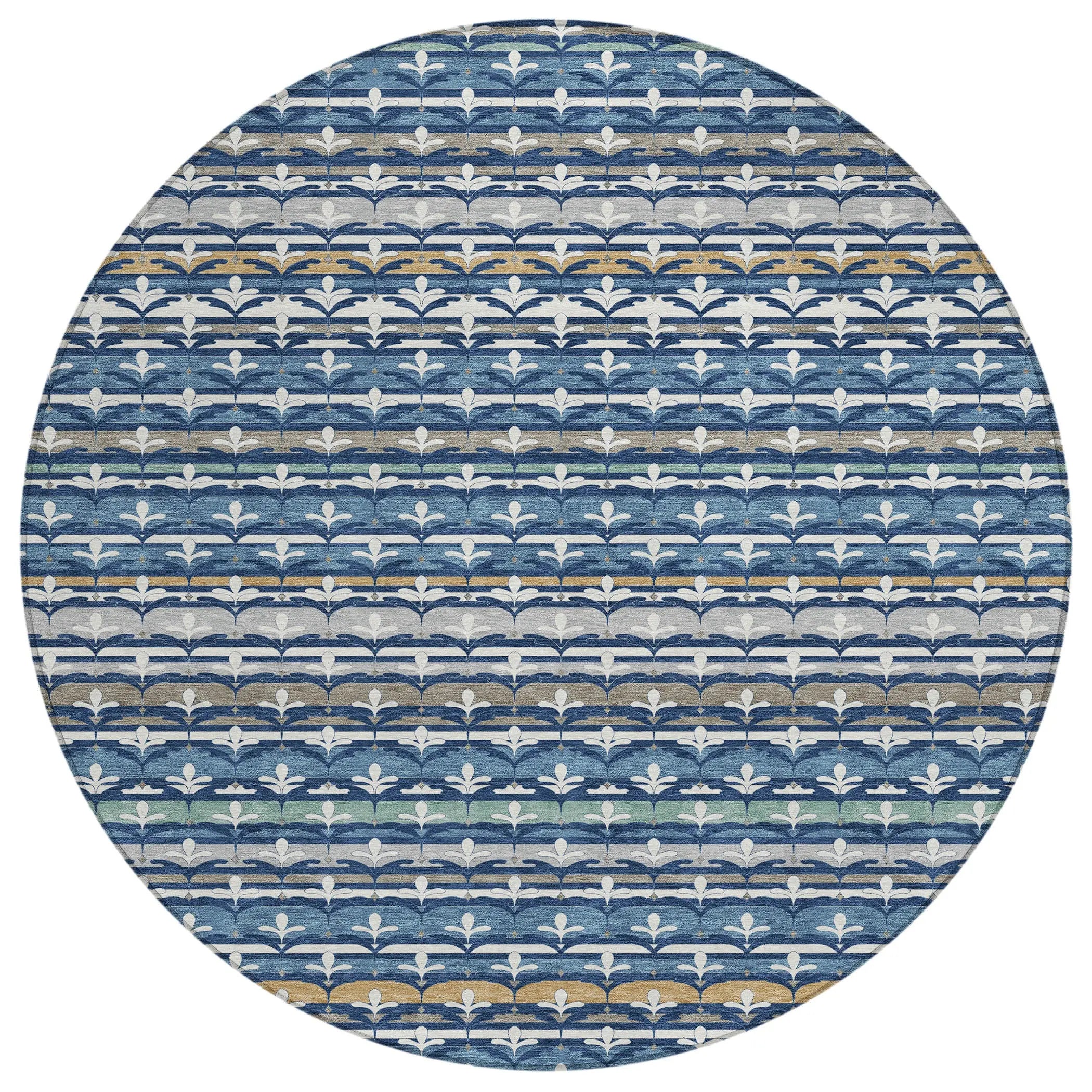 8' Navy Blue And Blue Round Damask Washable Indoor Outdoor Area Rug Homeroots Outdoor