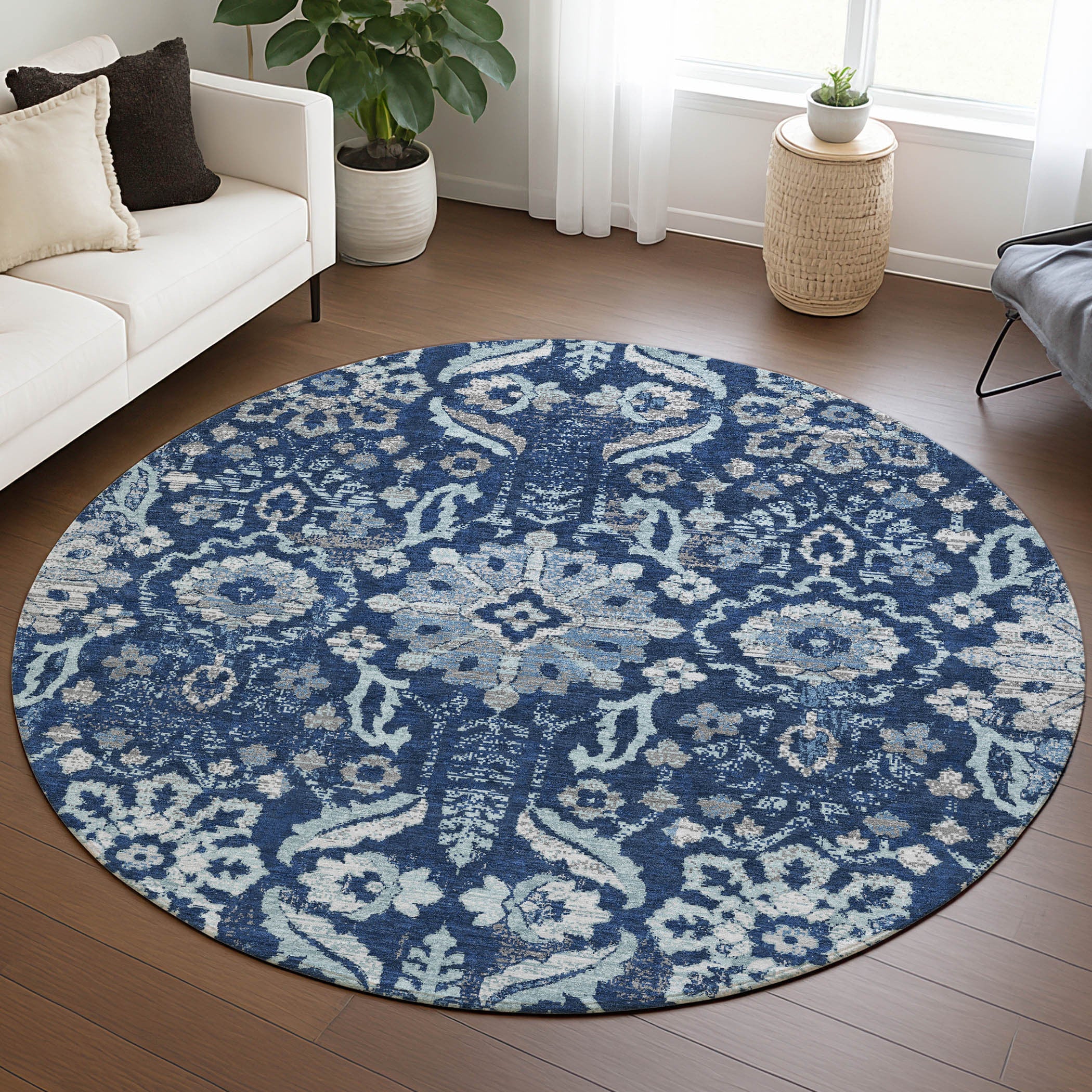8' Navy Blue And Blue Round Damask Washable Indoor Outdoor Area Rug Homeroots Outdoor