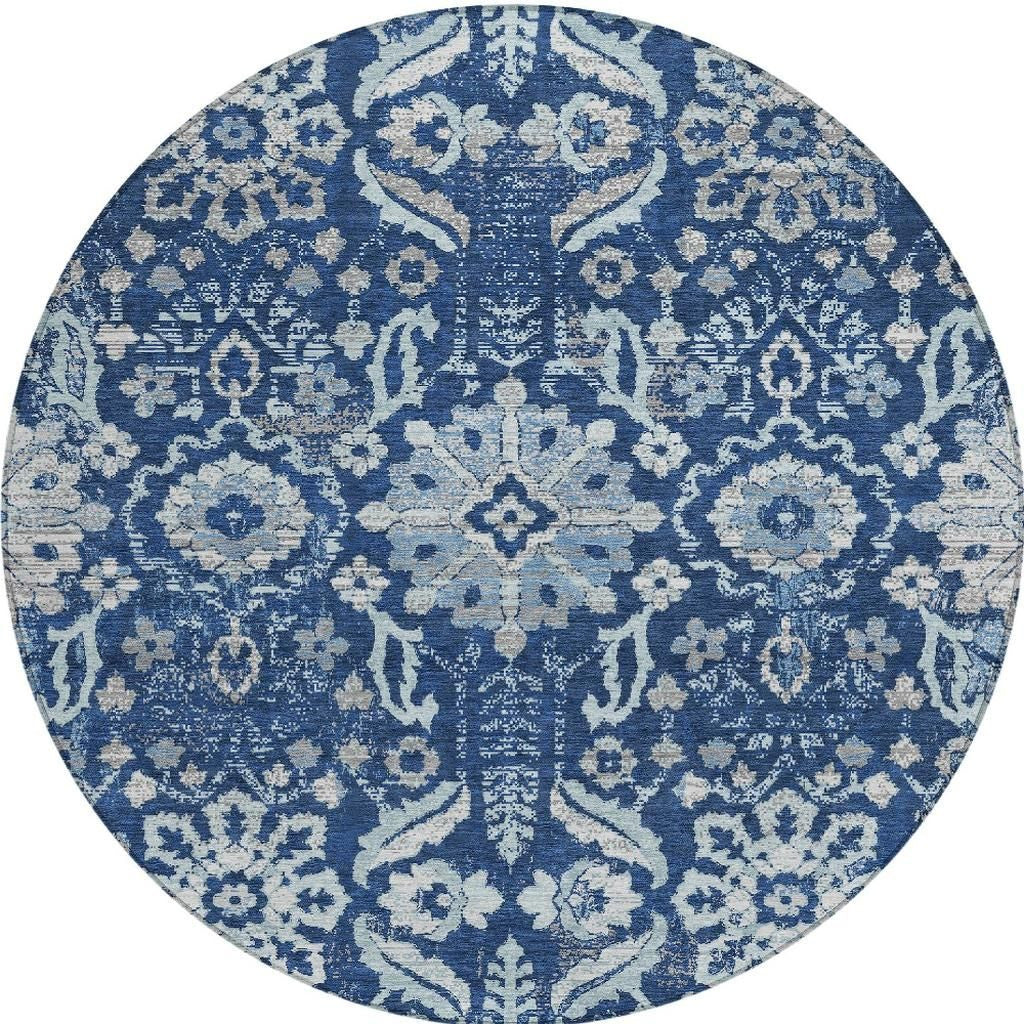 8' Navy Blue And Blue Round Damask Washable Indoor Outdoor Area Rug Homeroots Outdoor