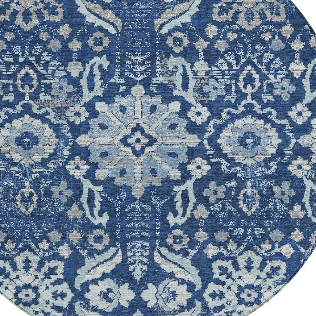 8' Navy Blue And Blue Round Damask Washable Indoor Outdoor Area Rug Homeroots Outdoor