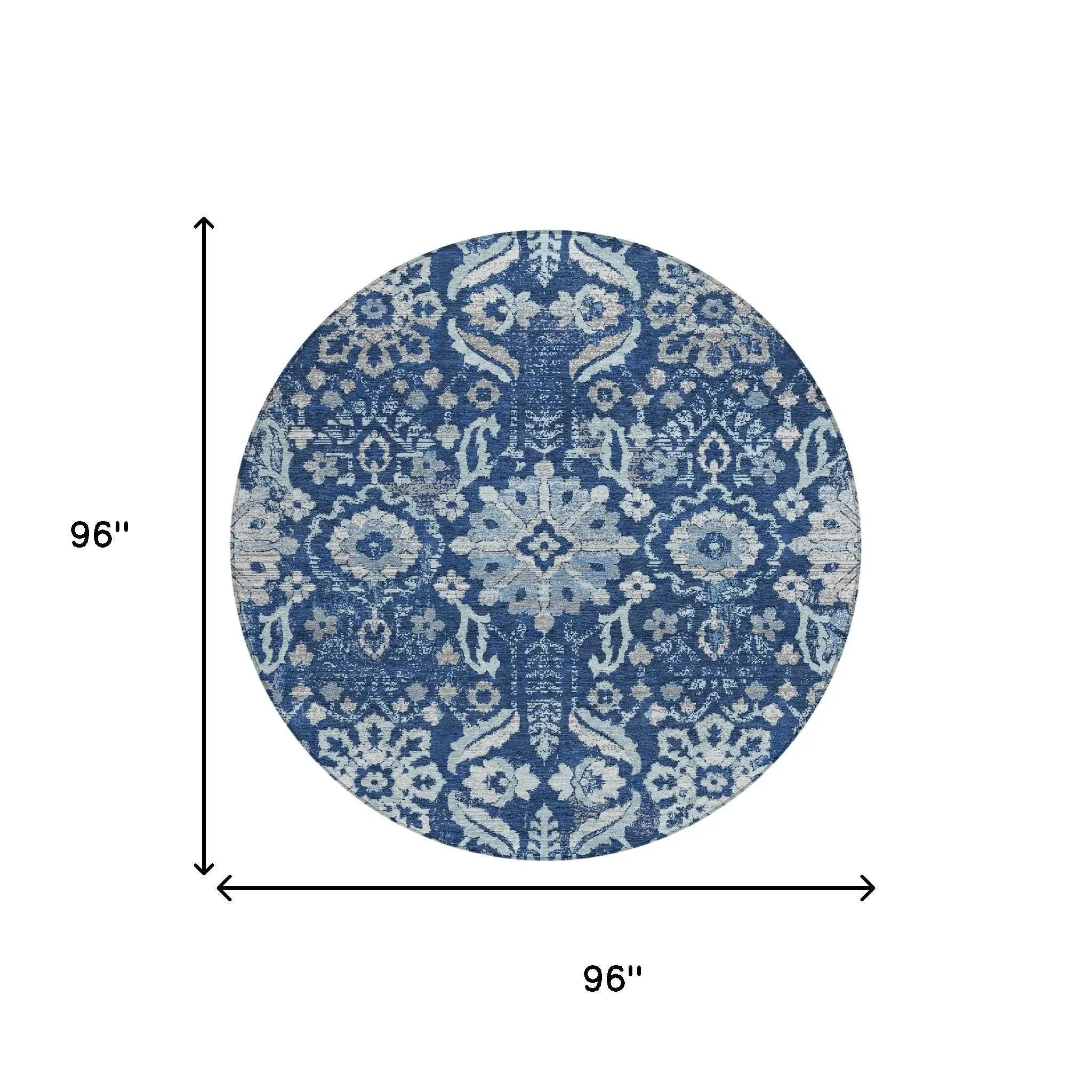 8' Navy Blue And Blue Round Damask Washable Indoor Outdoor Area Rug Homeroots Outdoor
