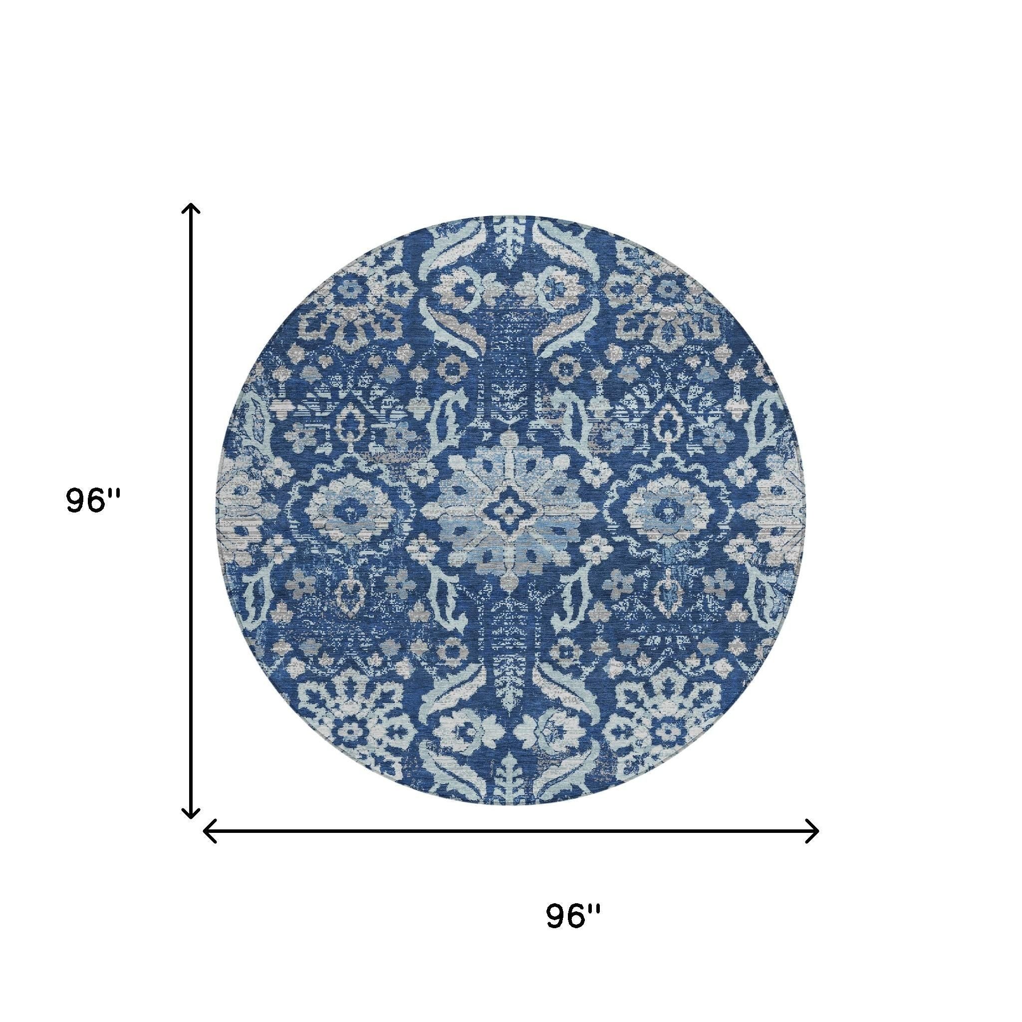 8' Navy Blue And Blue Round Damask Washable Indoor Outdoor Area Rug Homeroots Outdoor