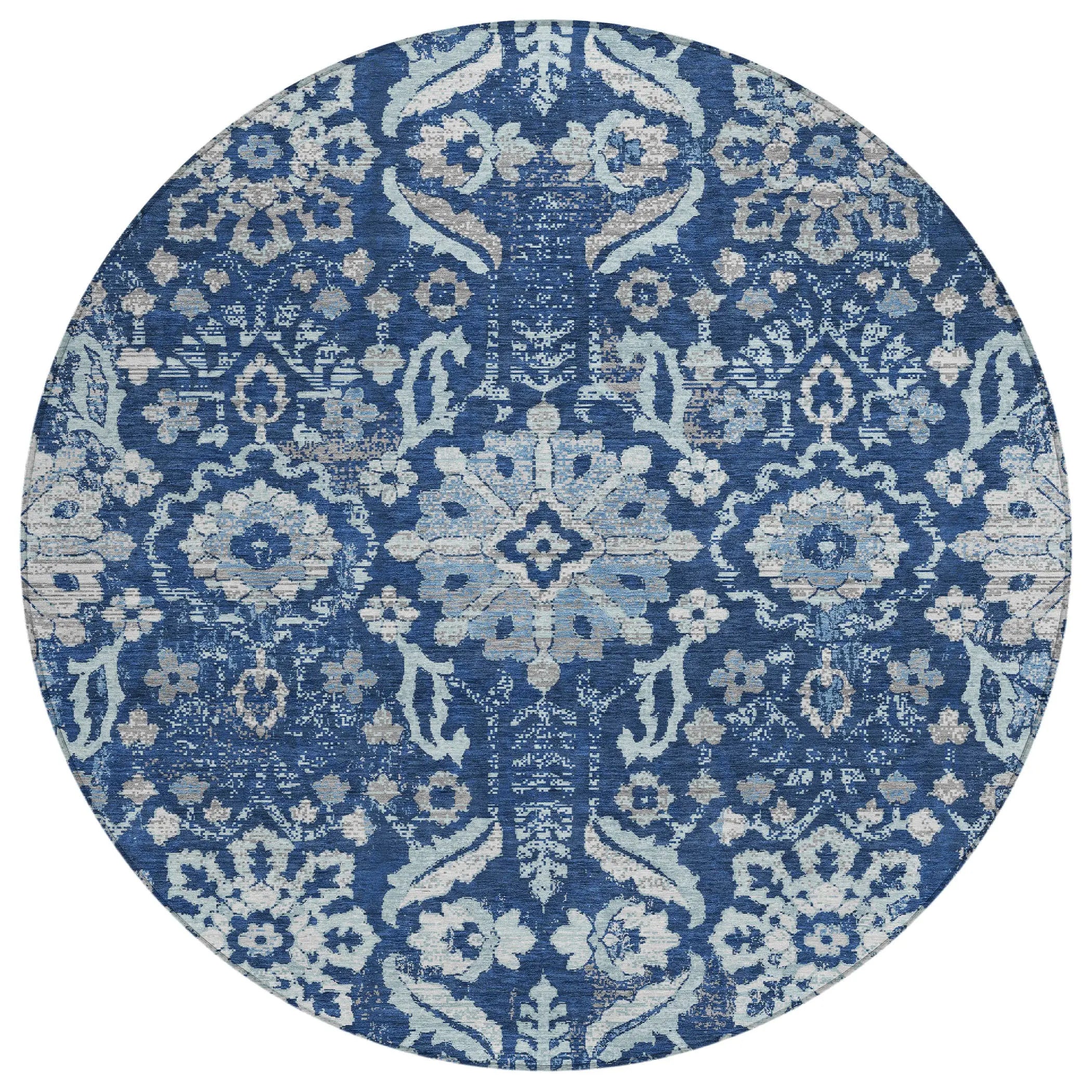 8' Navy Blue And Blue Round Damask Washable Indoor Outdoor Area Rug Homeroots Outdoor