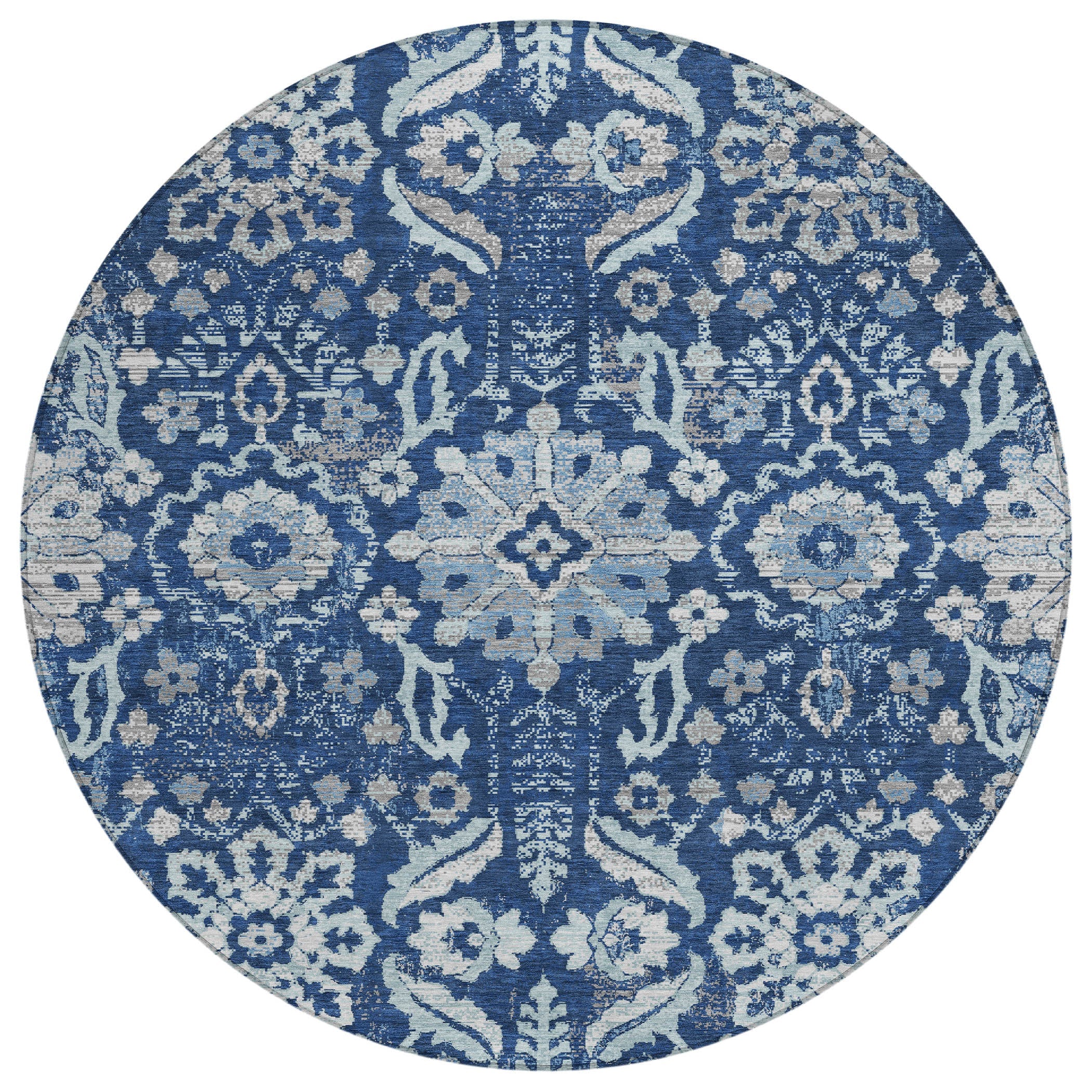 8' Navy Blue And Blue Round Damask Washable Indoor Outdoor Area Rug Homeroots Outdoor