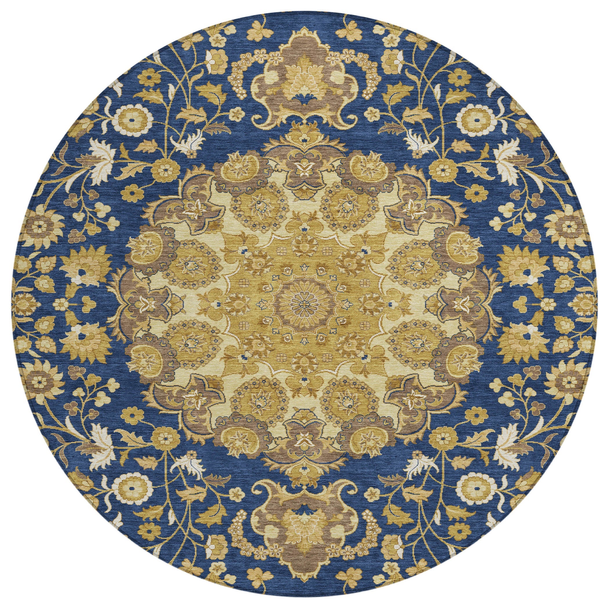 8' Navy Blue And Blue Round Damask Washable Indoor Outdoor Area Rug Homeroots Outdoor