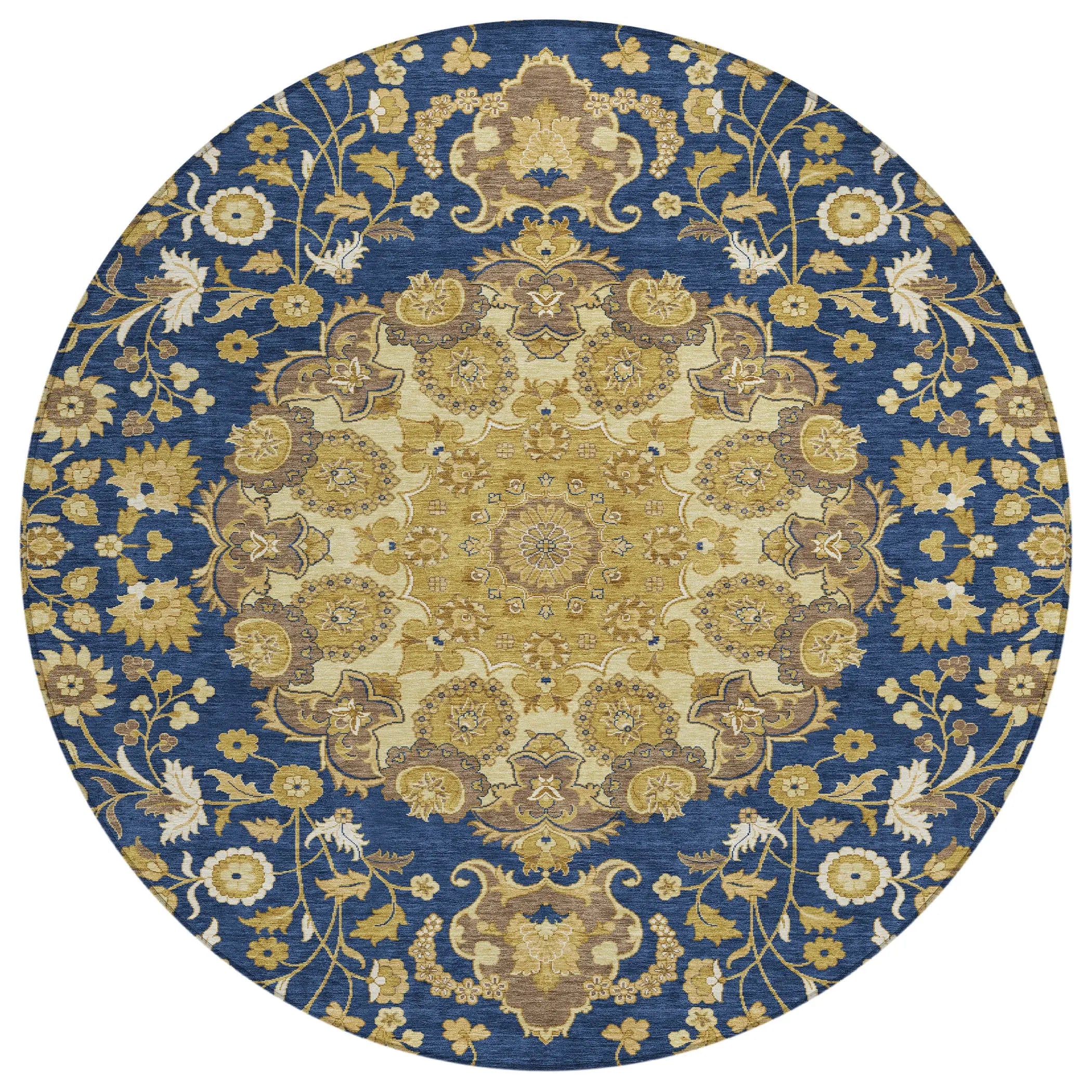 8' Navy Blue And Blue Round Damask Washable Indoor Outdoor Area Rug Homeroots Outdoor
