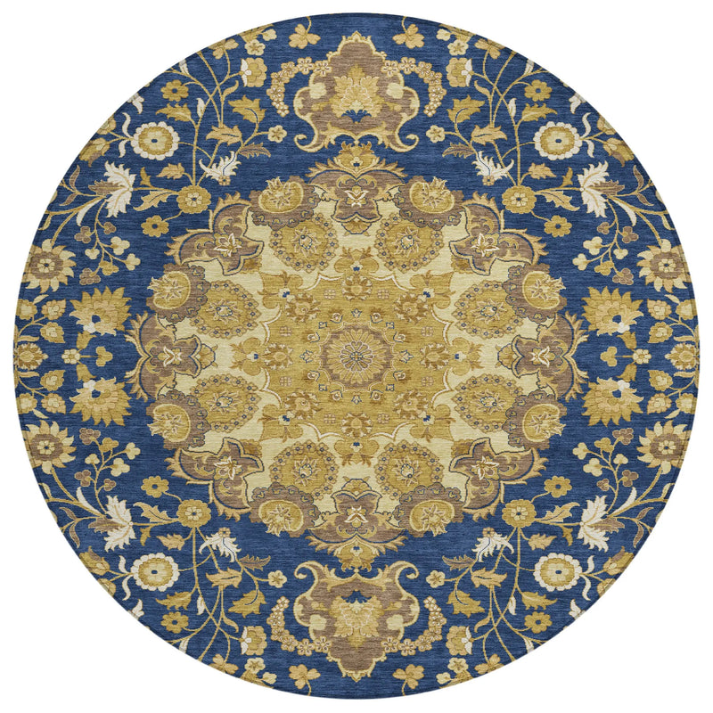 8' Navy Blue And Blue Round Damask Washable Indoor Outdoor Area Rug Homeroots Outdoor