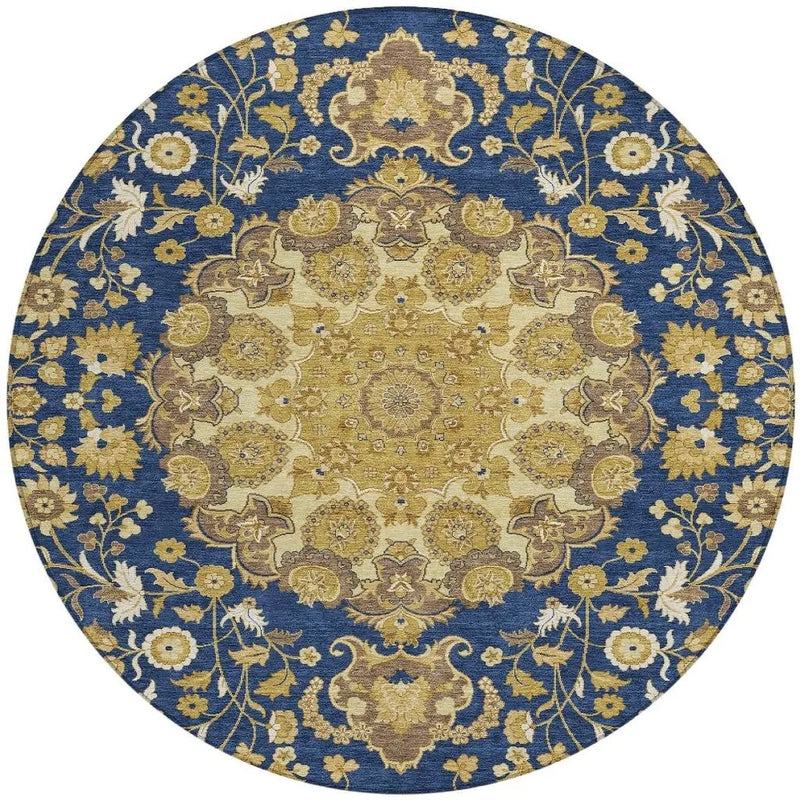 8' Navy Blue And Blue Round Damask Washable Indoor Outdoor Area Rug Homeroots Outdoor
