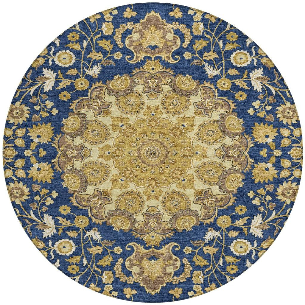 8' Navy Blue And Blue Round Damask Washable Indoor Outdoor Area Rug Homeroots Outdoor