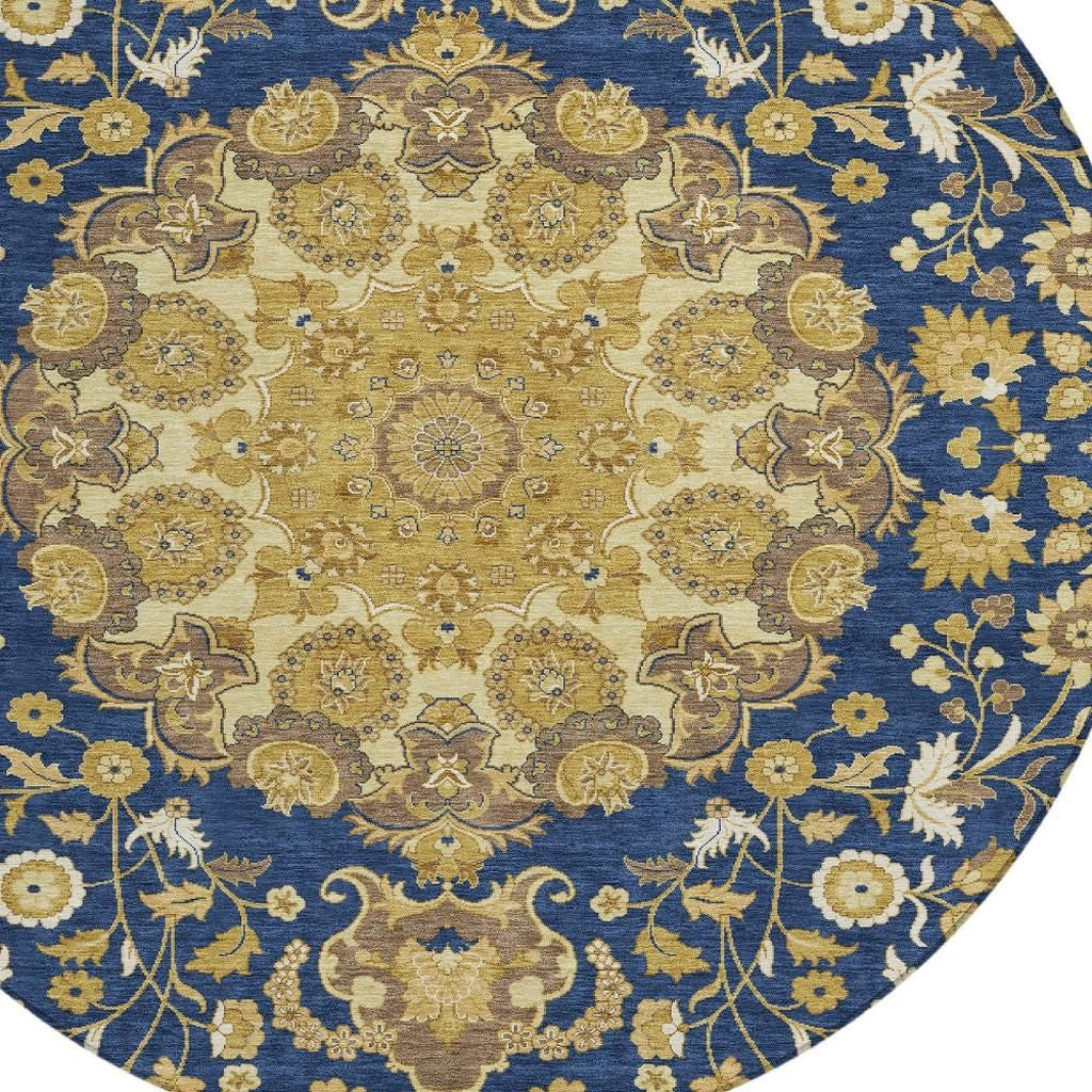 8' Navy Blue And Blue Round Damask Washable Indoor Outdoor Area Rug Homeroots Outdoor