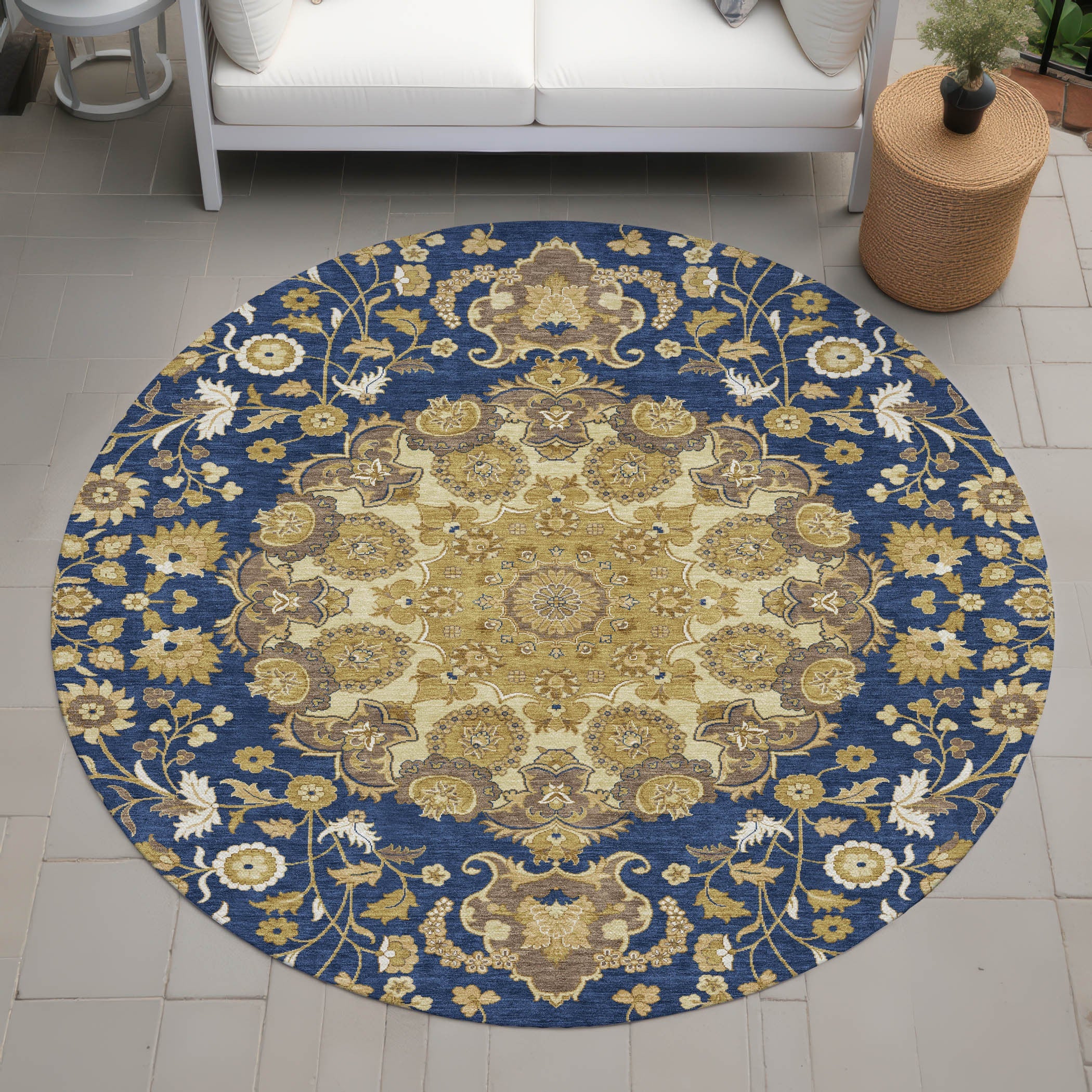 8' Navy Blue And Blue Round Damask Washable Indoor Outdoor Area Rug Homeroots Outdoor