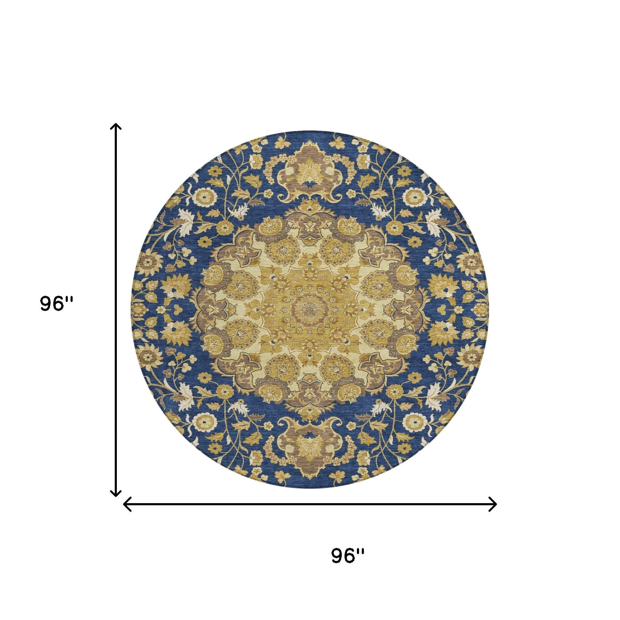 8' Navy Blue And Blue Round Damask Washable Indoor Outdoor Area Rug Homeroots Outdoor