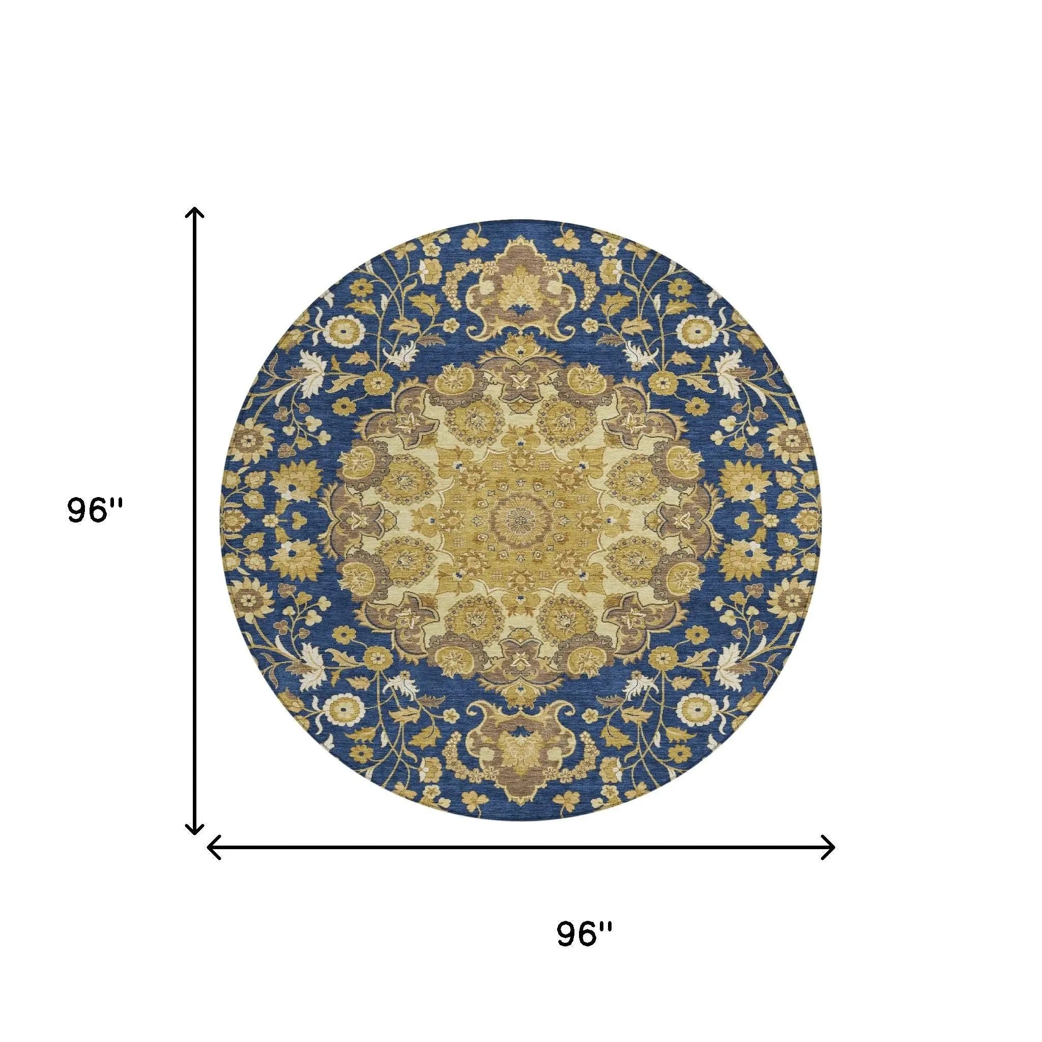 8' Navy Blue And Blue Round Damask Washable Indoor Outdoor Area Rug Homeroots Outdoor