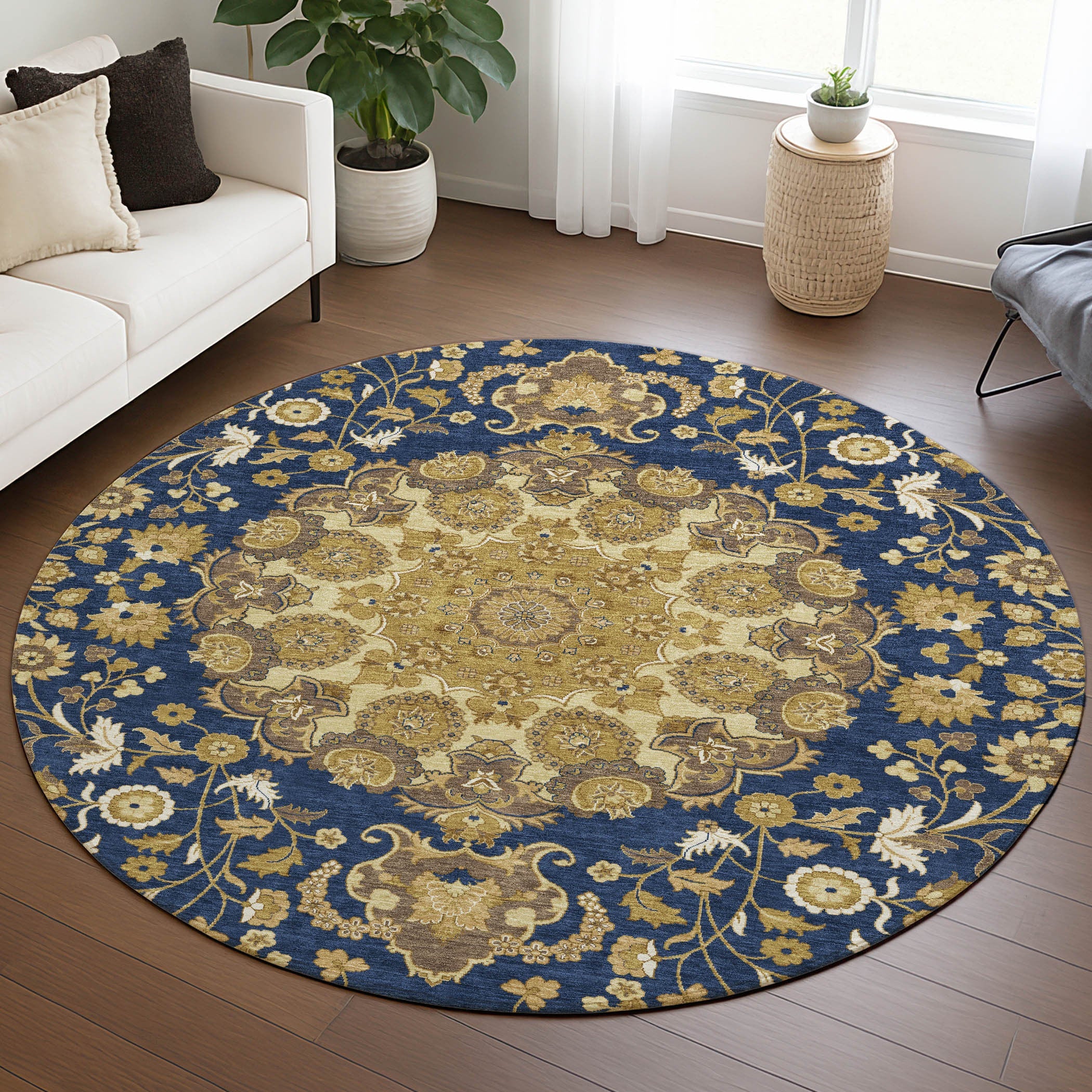 8' Navy Blue And Blue Round Damask Washable Indoor Outdoor Area Rug Homeroots Outdoor