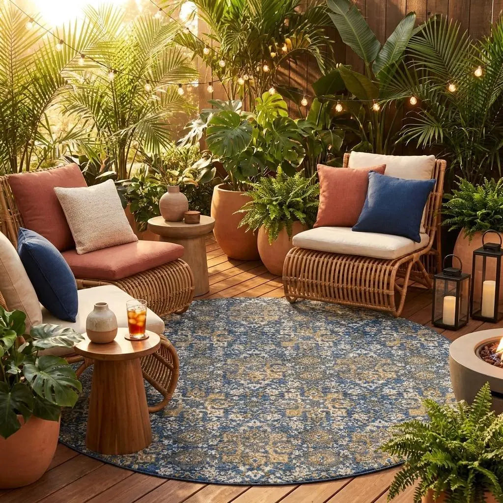 8' Navy Blue And Blue Round Damask Washable Indoor Outdoor Area Rug Homeroots Outdoor